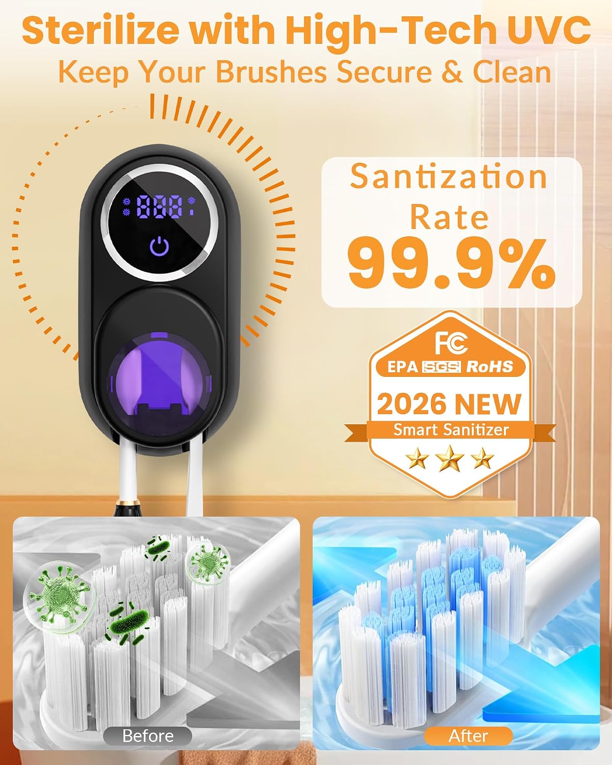 Toothbrush Sanitizer Holder, Wall-Mounted with Auto-Inductive Cover & 140°F Air Drying, Bathroom Organizer, Black
