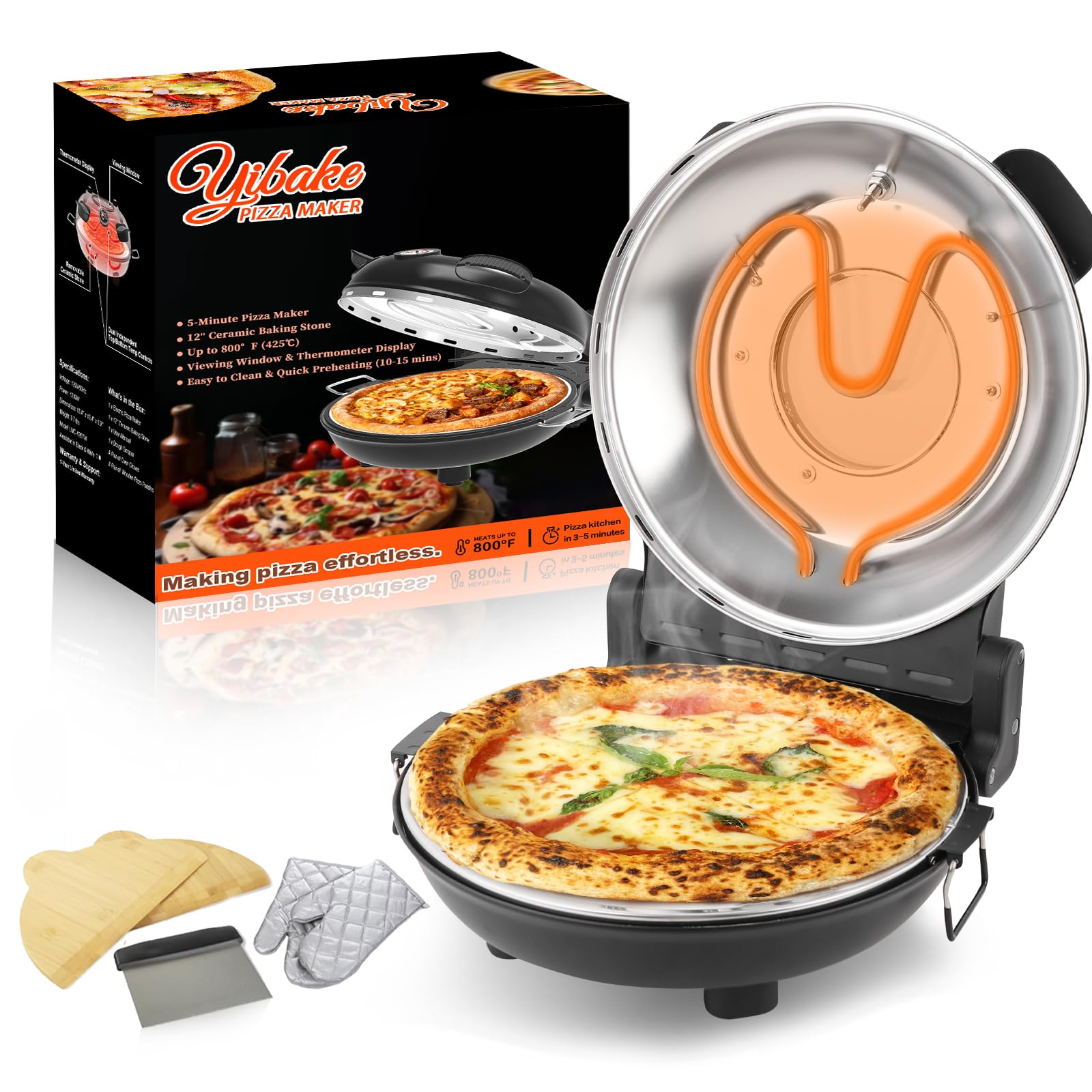Electric Pizza Maker, 12 Inch Countertop Pizza Oven with Pizza Stone, 1200W Indoor Italian Style Pizza Cooker, Dual Heating with Independent Temperature Control, Heats Up to 800°F, Black