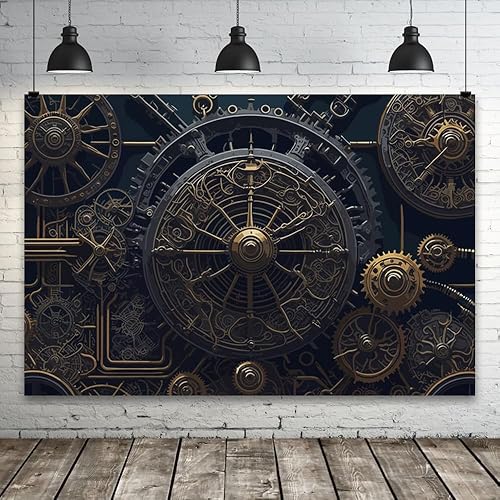 Miniatura 3 de YongFoto Telón de fondo antiguo Steampunk de 7 x 5 pies, relojes de metal retro, esfera industrial mecánica para fotografía, telón de fondo para