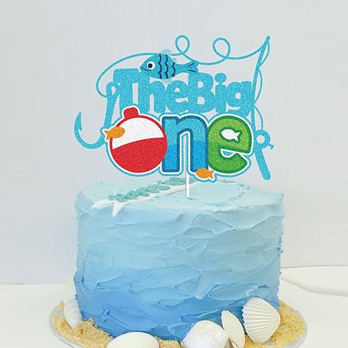 Miniatura 4 de The Big One Happy Birthday Cake Topper Pesca Azul Purpurina Feliz 1er Cumpleaños Un Año de Edad Pasado Pequeño Pescador Decoración de Pasteles