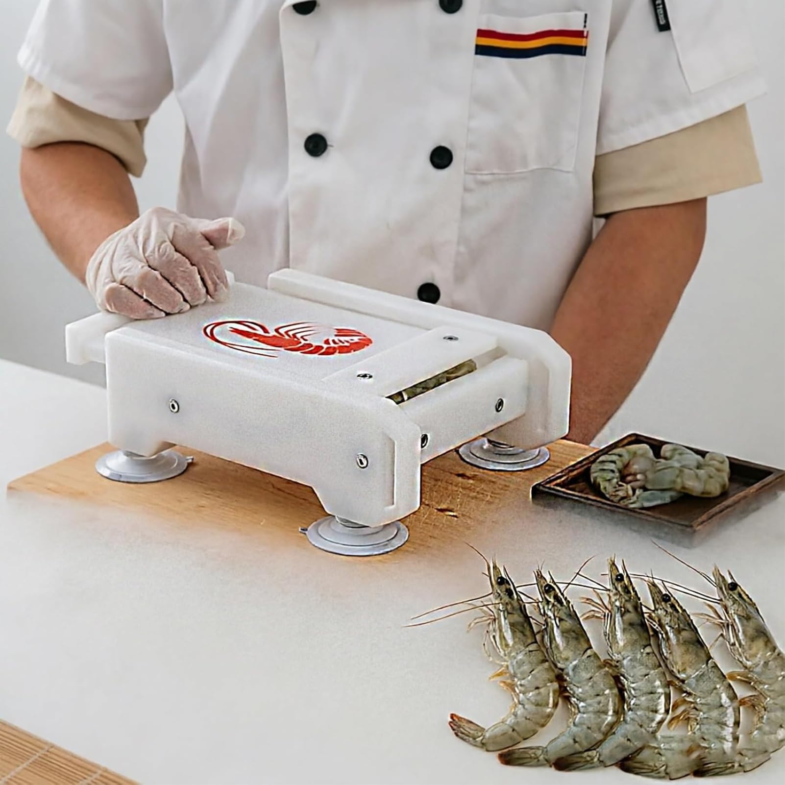 Tempura - Strumento per schiacciare gamberi, piastra per gamberi, piatto staccabile con base a ventosa, fori di scarico, attrezzatura portatile per sushi per cucina ristorante