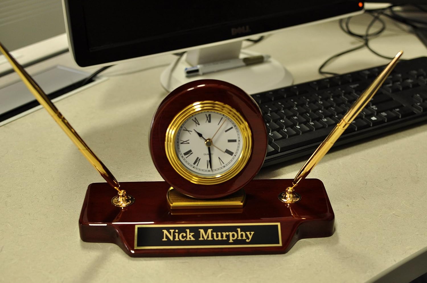 Personalized 9 x 4 3/4 Piano Finish Desk Clock on Base with 2 Pens- BRAND NEW