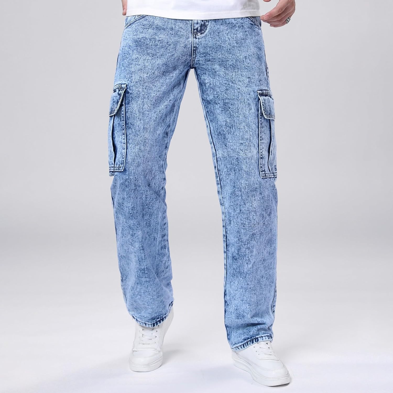Mens Jeans Regular Fit Cargo Denim Pants Fashion Comfort Trousers Hip Hop High Street Streetwear