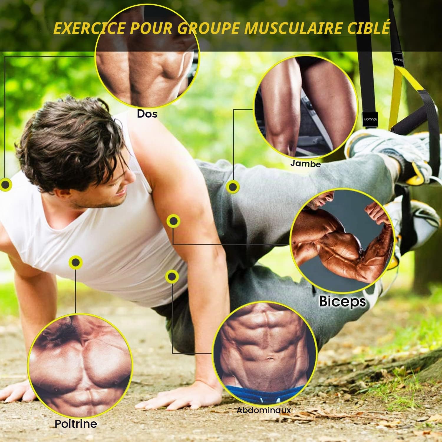 Kit d'entraînement à suspension avec sangle de suspension pour entraînement au poids corporel avec poignées