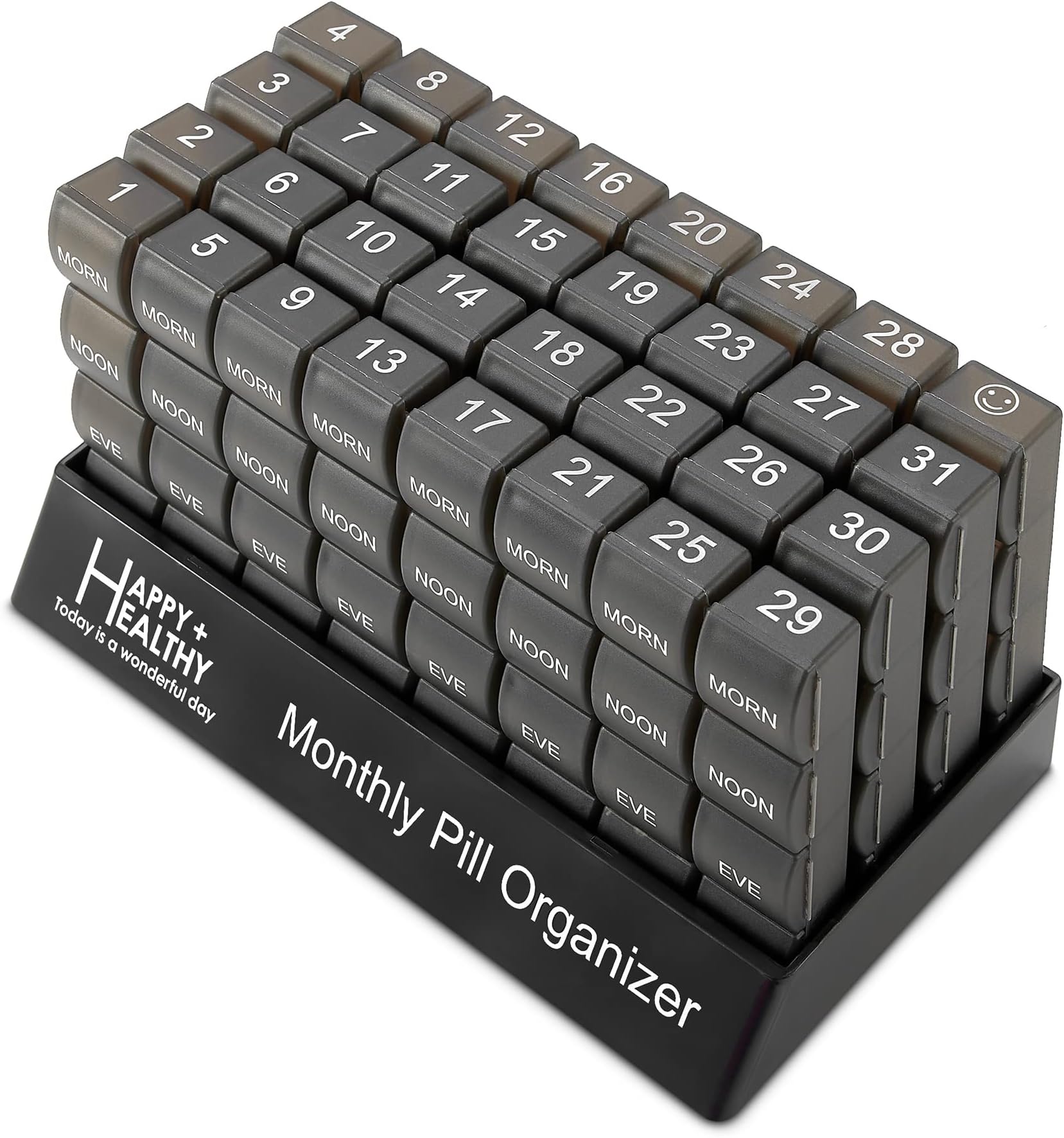 Month Pill Box Organizer - 32 Compartments | Morning-Noon-Night - 30 Day Pill Case with 32 Daily Compartments for Vitamins, Supplements, Medication - Travel Monthly Pill Organizer 3 Times-a-Day, Grey