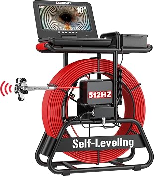 Sewer Camera with 512Hz Sonde Transmitter 7MM Thick Cable 328FT/100M Self-Leveling Pipe Inspection Drain Plumbing Camera with 10" IPS DVR Screen IP68 Waterproof with Distance Counter