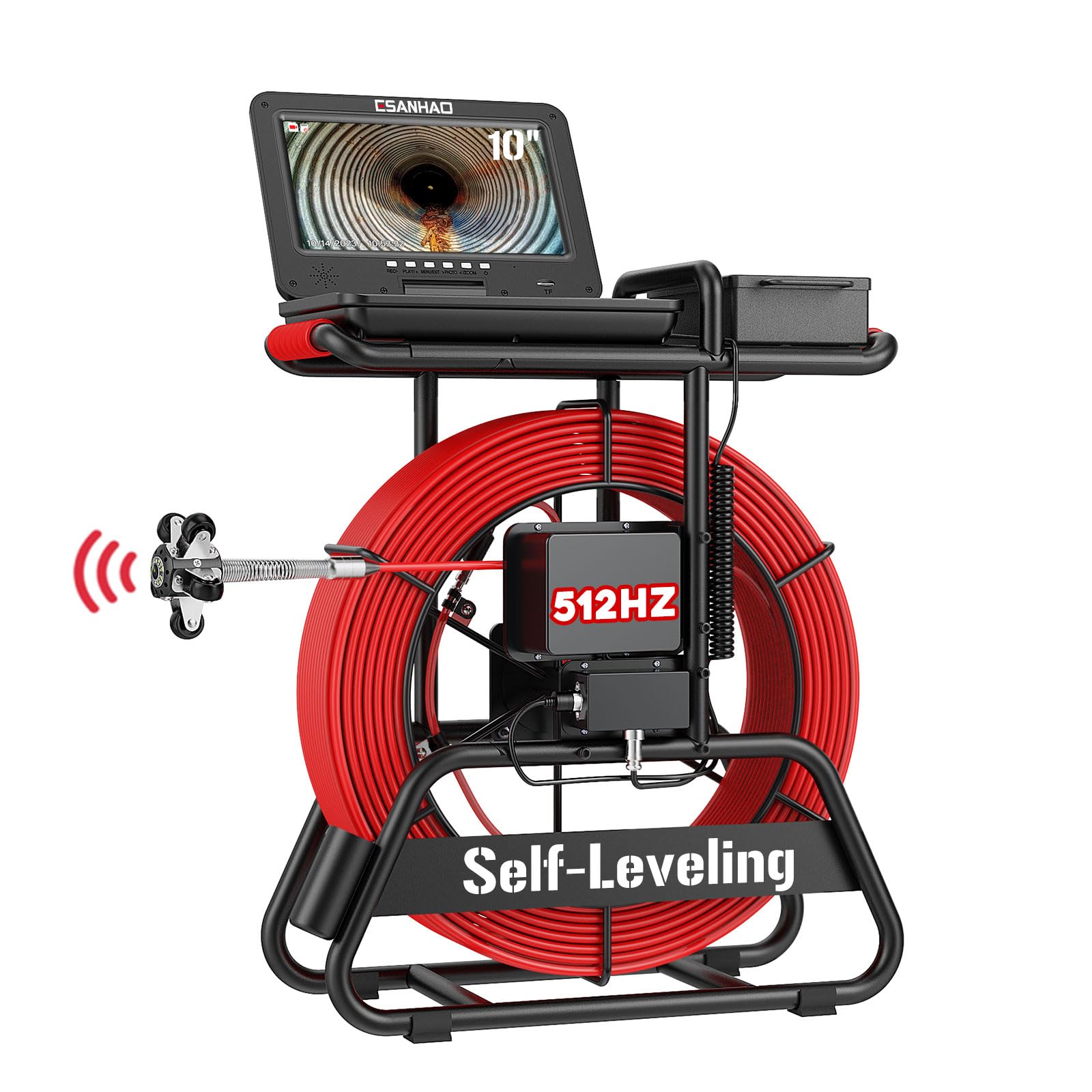 Sewer Camera with 512Hz Sonde Transmitter 7MM Thick Cable 328FT/100M Self-Leveling Pipe Inspection Drain Plumbing Camera with 10" IPS DVR Screen IP68