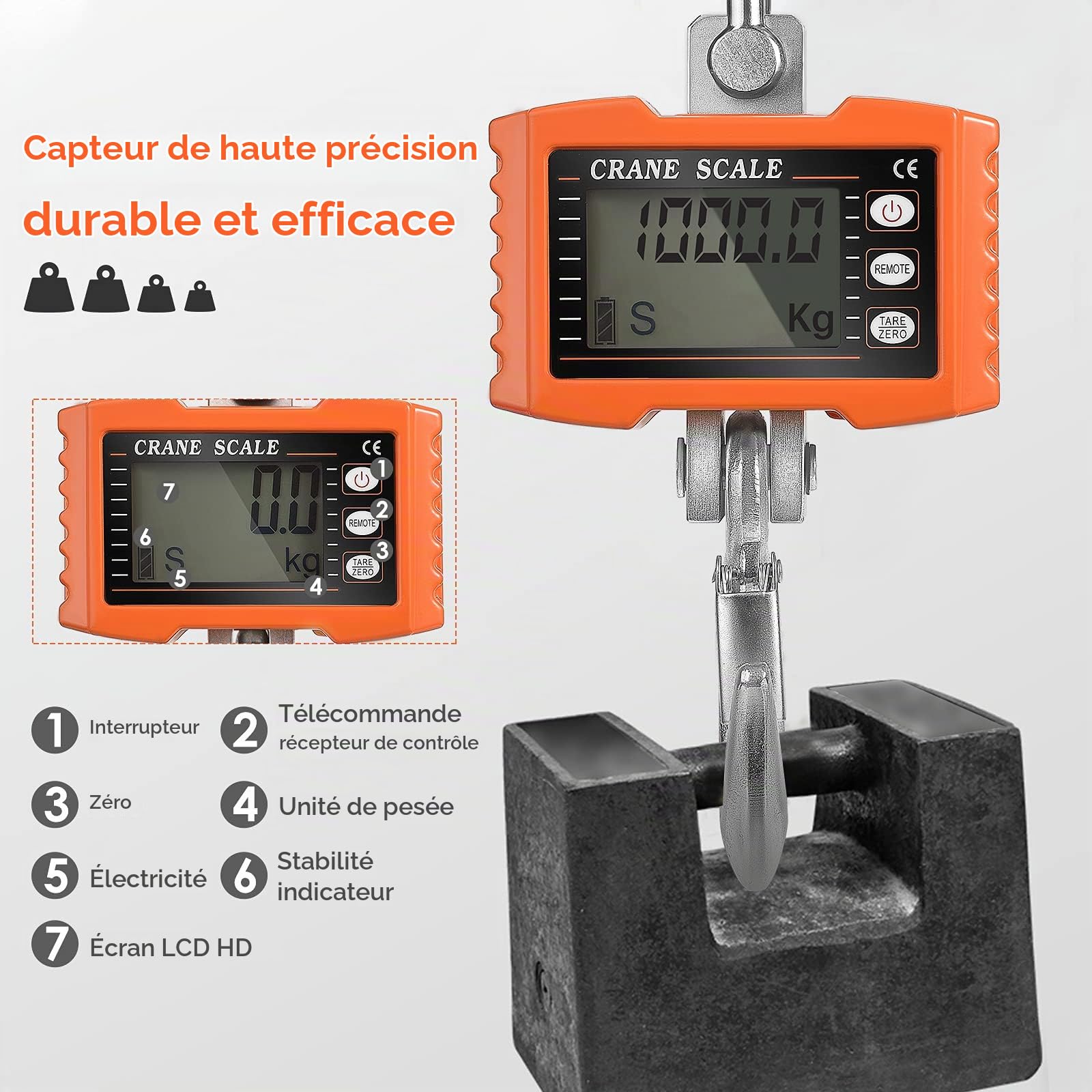 Balance de Grue, Balance Industrielle Écran LED, Balance Suspendue Electronique de Haute Précision, Dynamomètre avec Télécommande pour les Machines de Précision (Orange)