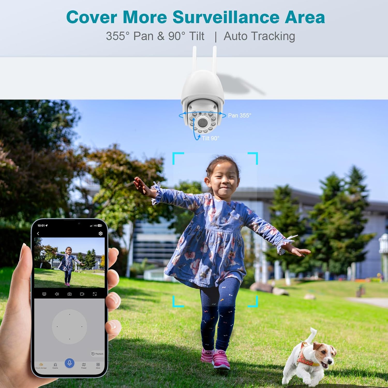 Cromorc 5MP PTZ WiFi Outdoor Security Camera tracking a child and a dog in a yard, demonstrating its pan and tilt capabilities.