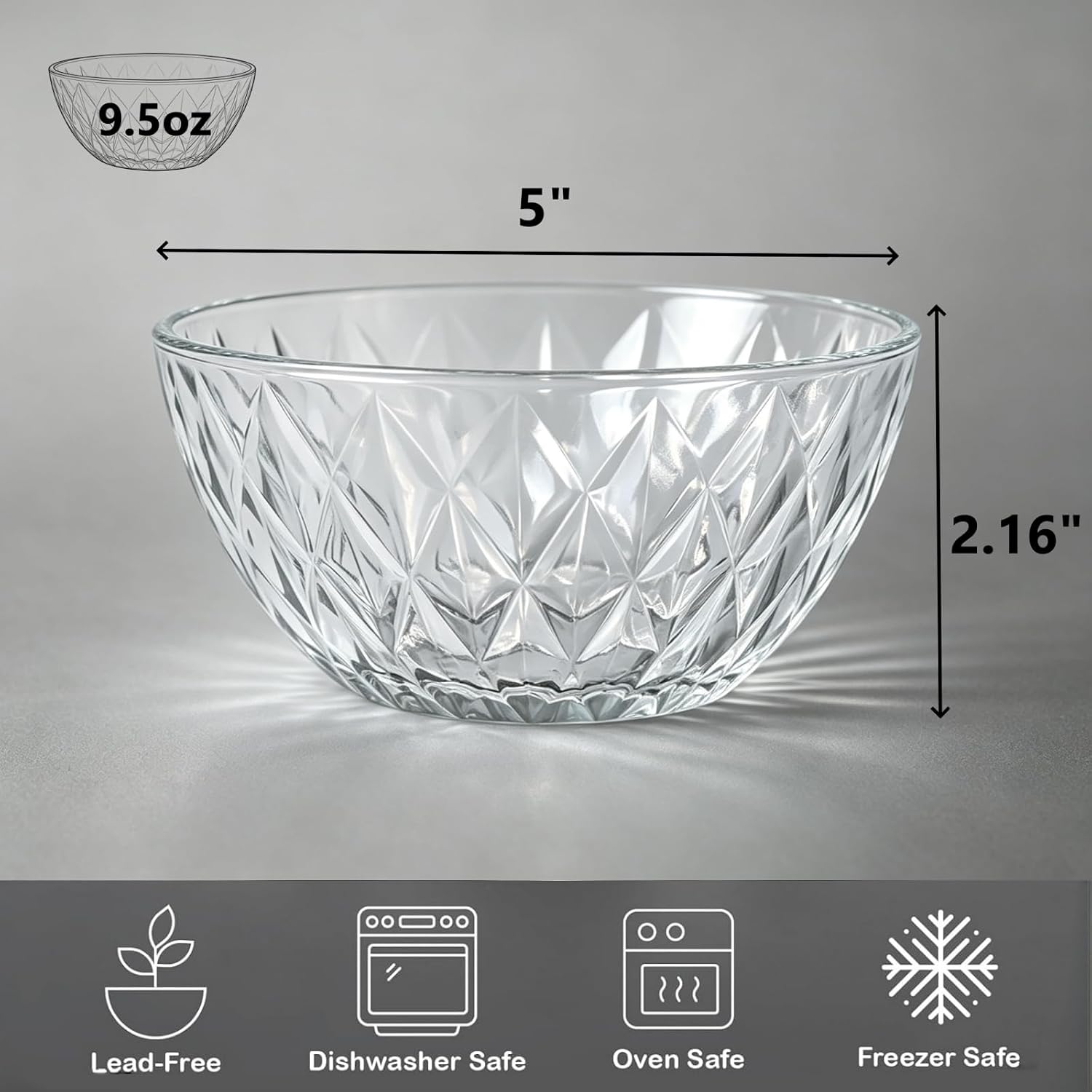 stablerice 6pcs Small Glass Bowls set, 9.5 oz Inch Dessert Bowls, Portion Control Cups for Ice Cream, Snacks, Fruit, Dip, Condiments, Kitchen Prep, Ramekins, Dishwasher Safe