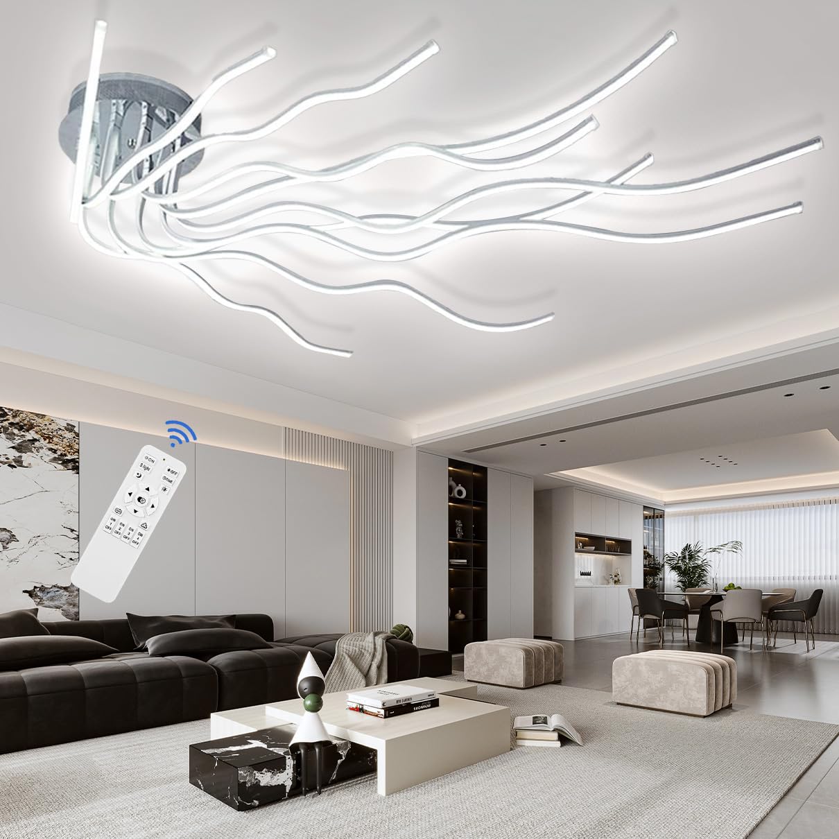 LED DeckenleuchteWohnzimmerlampe,10 Flammige Dimmbar Deckenlampe Wohnzimmer mit Fernbedienung, Die Form kann frei geändert werden, Deckenleuchte Wohnzimmer Modern Groß modisch und einfach Ø140cm