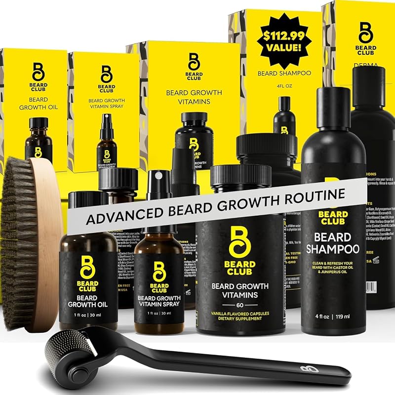The Beard Club Kit para Barba com Óleo, Vitaminas, Spray, Shampoo, Escova e Derma Roller — Cedar