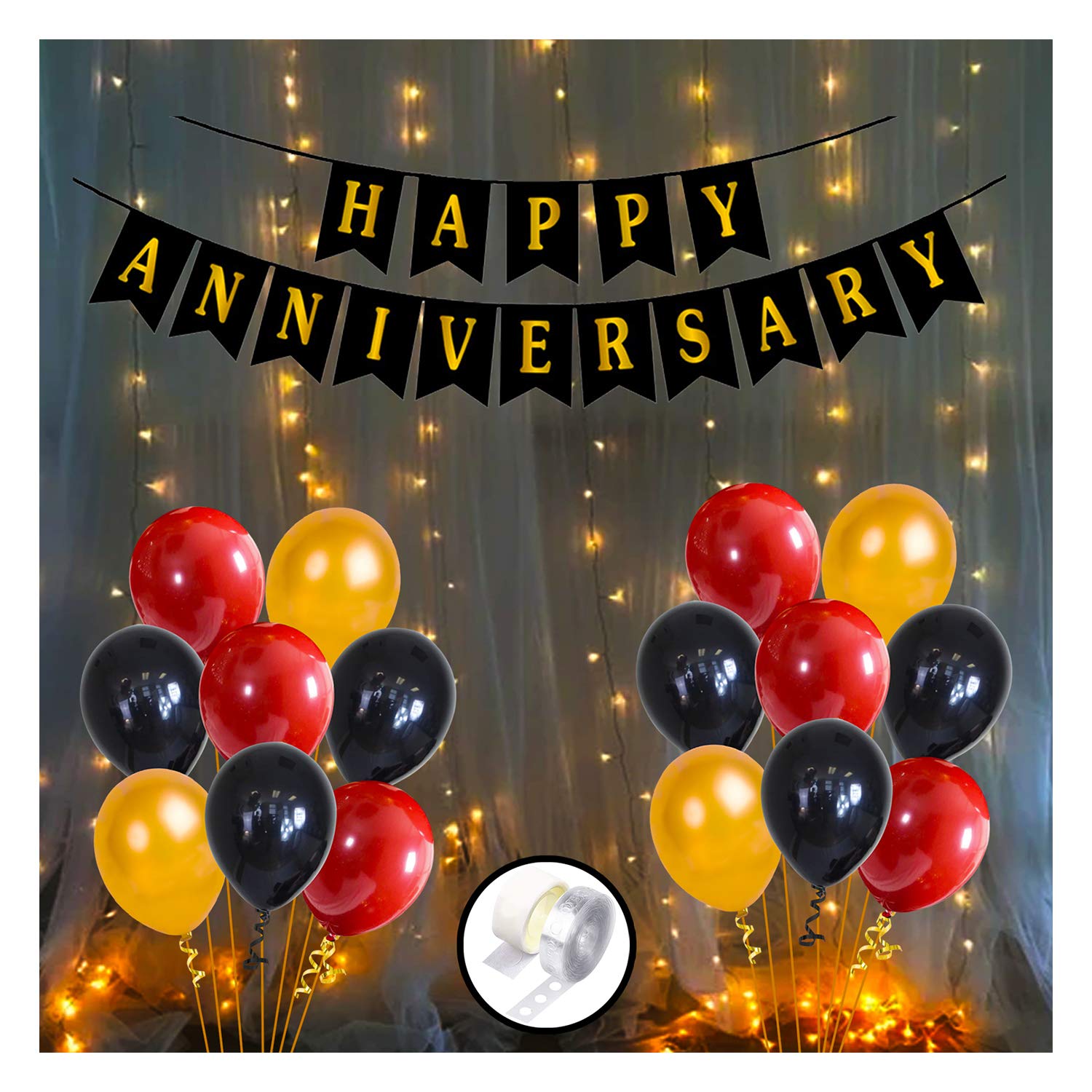 Party Propz Happy Anniversary Decoration Items Kit – 54 Pcs Wedding Anniversary Decoration Items, Fairy Led Light (9m), Black and Golden Print Banner (Cardstock)
