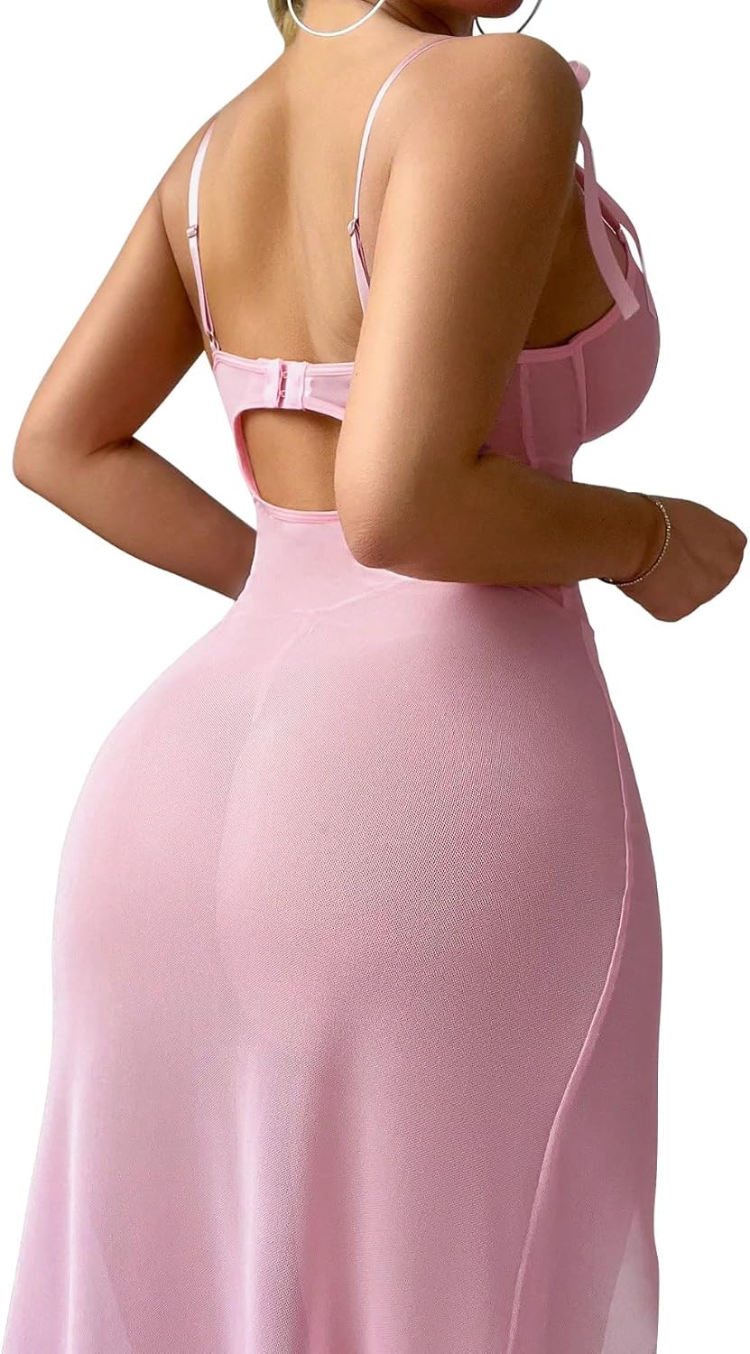 Foxiny Sexy Butterfly Split Leg Underwire Sheer Mesh Maxi Lingerie Dress with Thong 2 Piece Set