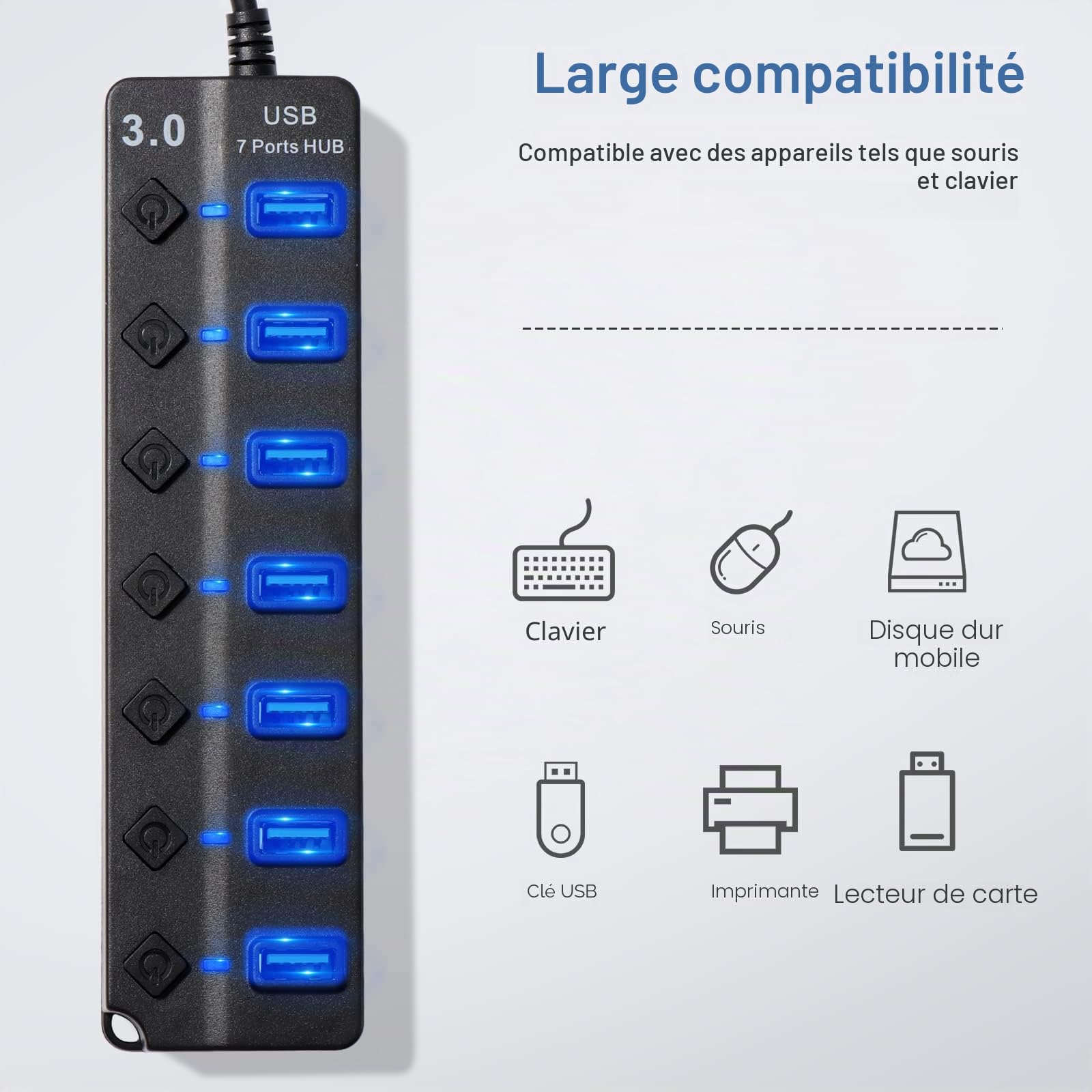 Hoppac Hub 7 en 1 Multiprise USB 3.0 2.0 Port Multiple PC Transfert Données Recharge Interrupteur LED 1M