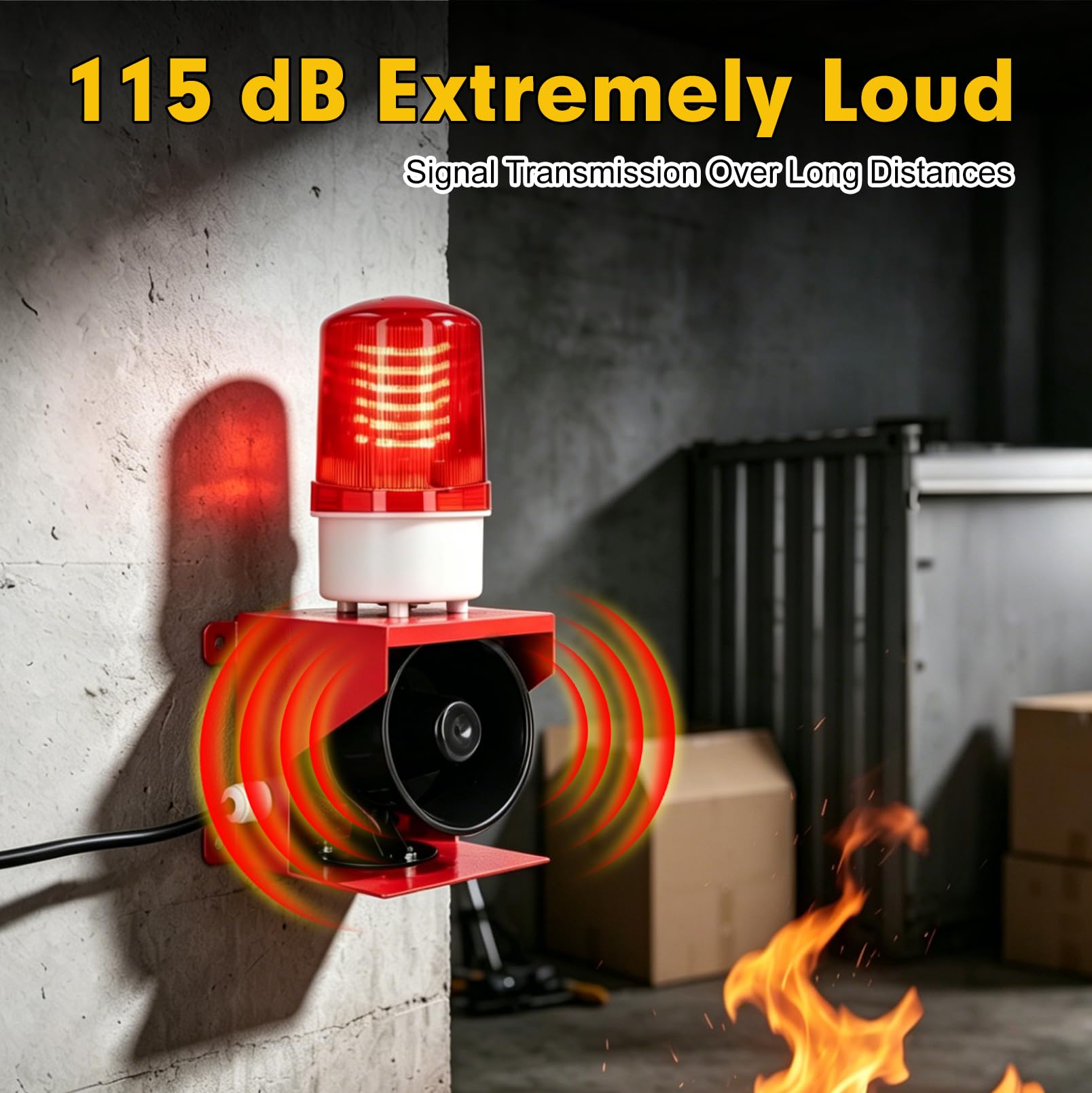 Sirena Industrial 115 dB con Luz LED Intermitente, Volumen Ajustable, IP65 Impermeable, Alarma Acústica y Visual AC 220V, Avisador de Seguridad, Luz de Advertencia LED, Enchufe UE