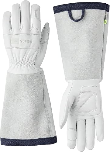 HESTRA PRO Garden Rose Glove, Long Protective Leather Gauntlet Gardening Gloves for Men & Women - Off Wht - 8