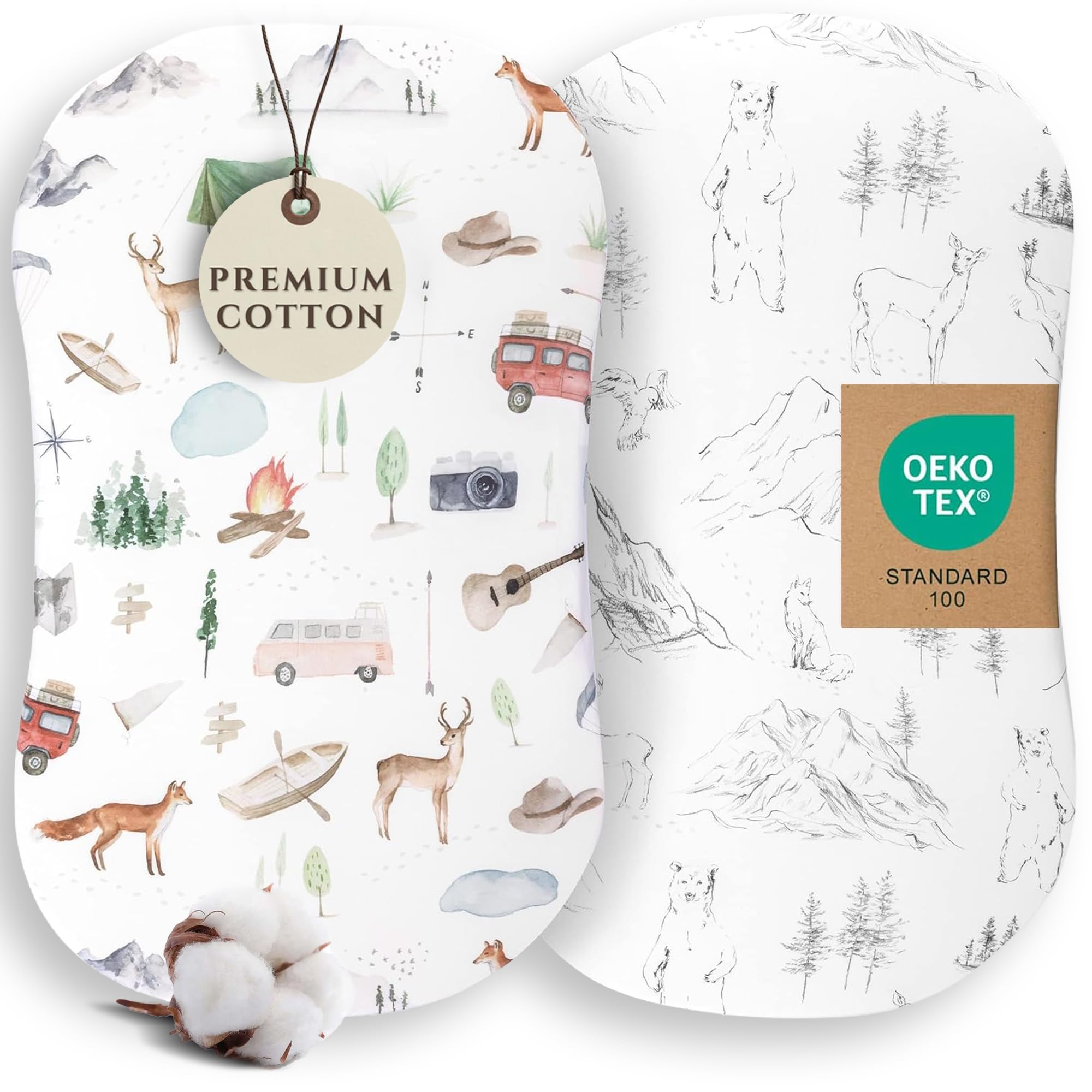 Pobibaby - Paquete de 2 sábanas de moisés premium para moisés estándar - Mezcla de algodón ultrasuave, elegante patrón de bosque, seguro y cómodo para el bebé (explorar)