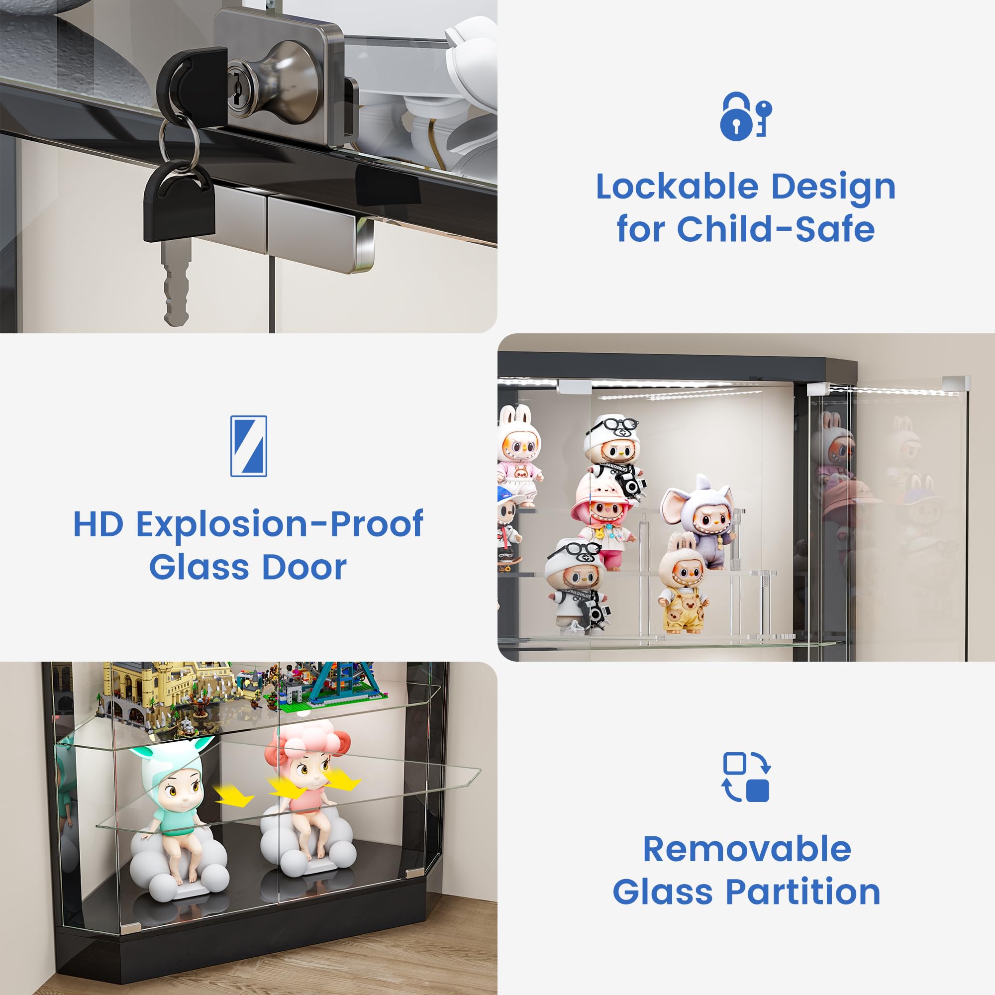 Lvifur Eckvitrine mit LED Beleuchtung & Glastüren für Sammlervitrine und Wohnzimmer, Vitrinenschrank mit Menschlicher Sensor für Schlafzimmer Studierzimme,175cm 5-Lagen Glasvitrine Schwarz
