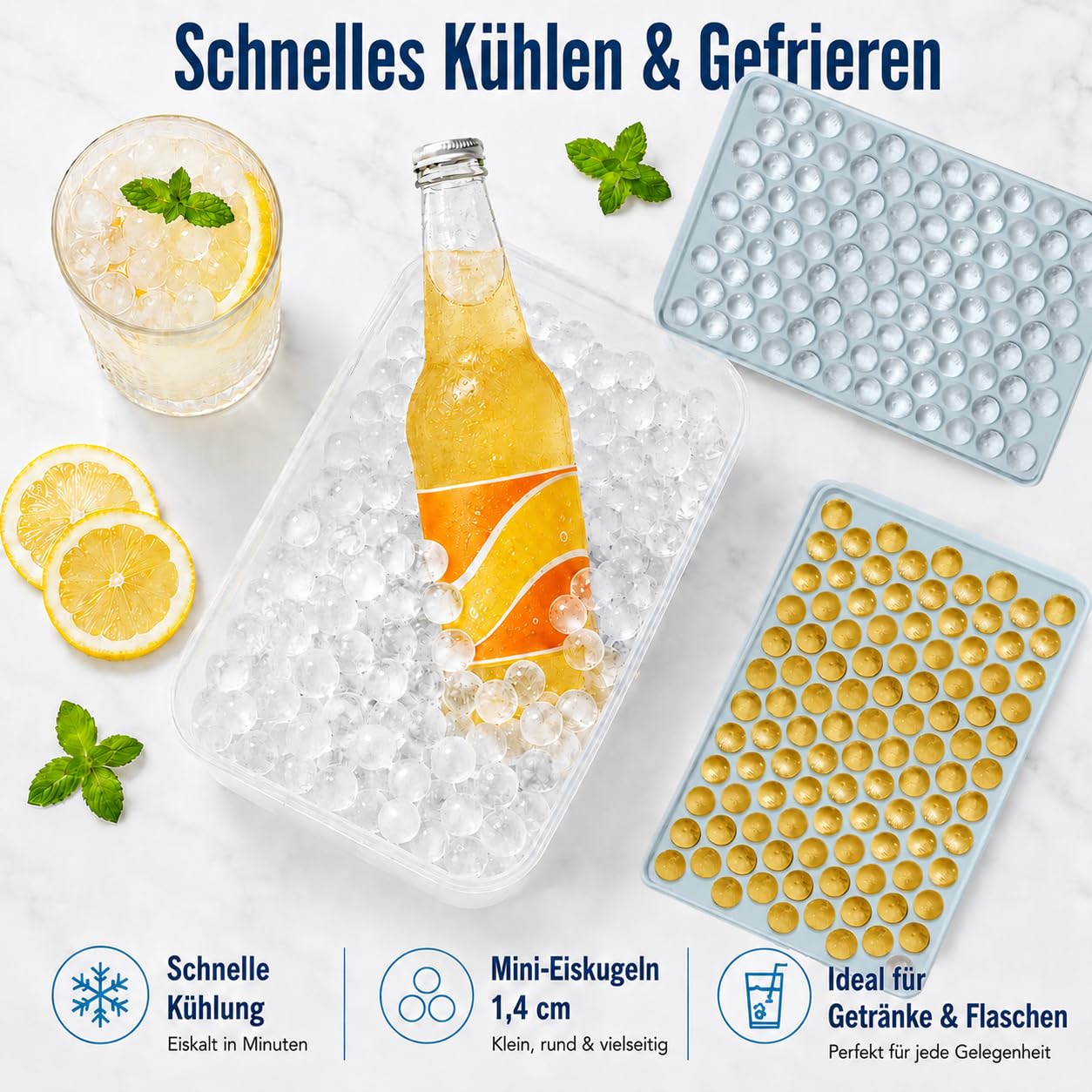 Eiswürfelform mit Deckel, Ice Cube Tray 4er Set, 416 Kugeln | 4 Eiswürfelformen mit Deckel für 416 runde Mini Eiskugeln, ideal für Drinks, Cocktails, Eiskaffee und Barzubehör.