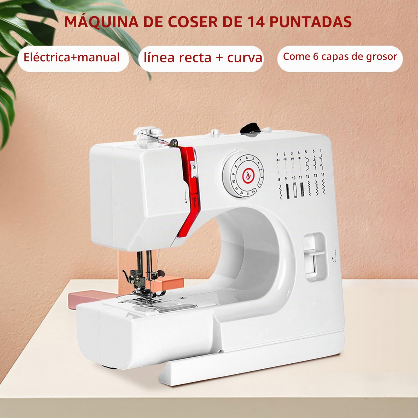 728 Máquina de Coser Portátil Eléctrica Compacta para Hogar, 14 Puntadas Integradas, Fácil Uso con Luz LED, Mini Costura Electrica para Jeans (Incluye Accesorios de Costura)