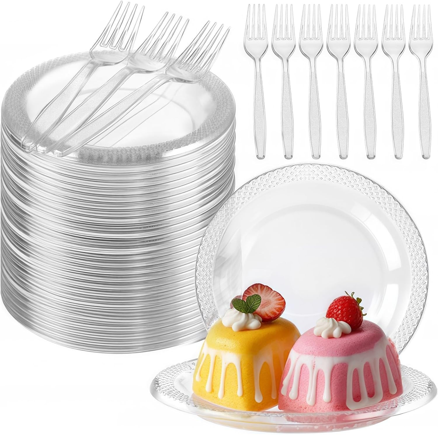 OMISTAR 800 set 6inch Clear Plastic Dessert Plates and Forks, Include 400 Disposable Appetizer Plates with 400 Plastic Forks, Round Dinner Plate for Wedding BBQ Picnic Camping Events Party Supplies