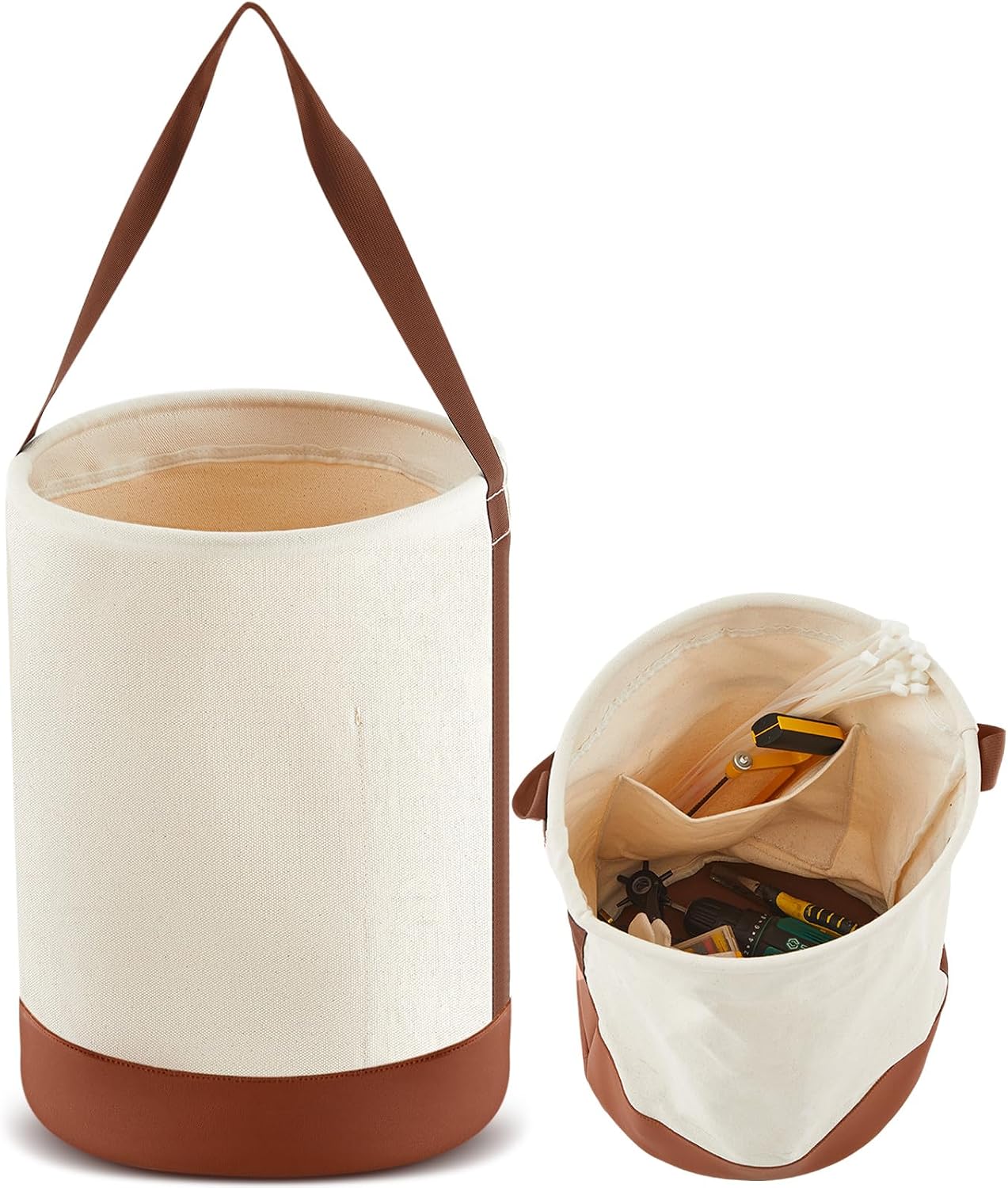 Canvas Bucket Tool Bag 17 x 12 Made of No. 4 Canvas with Leather Bottom Tool Bag Bucket with 1 Pocket Load Capacity up to 66 Lbs for Electrician Iron Workers Climbing Carrying Welding