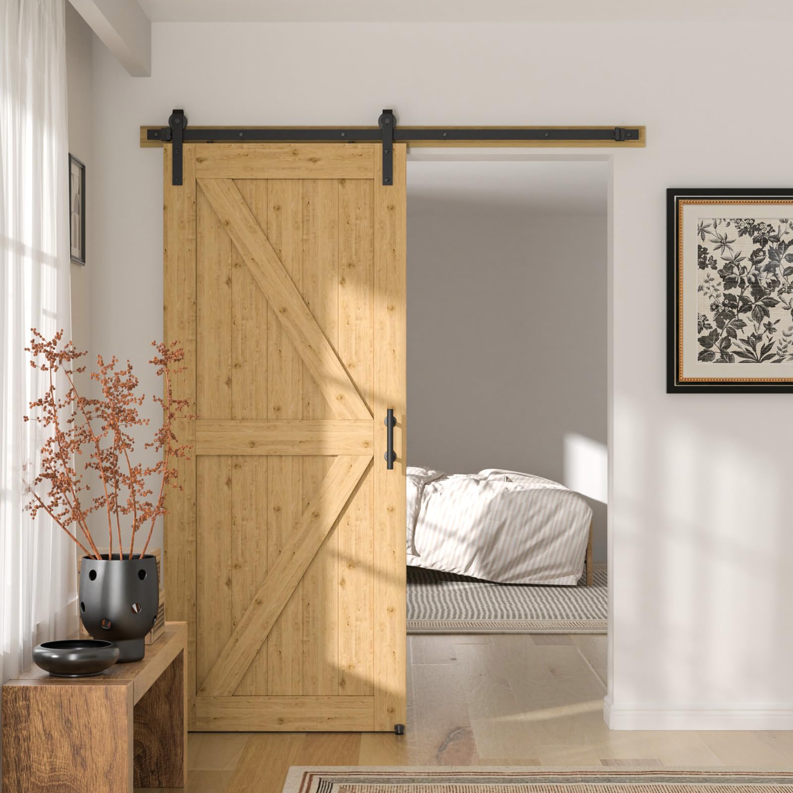CCJH 200cm Quincaillerie Kit de Rail pour Porte Coulissante avec Guide de Plancher, pour Grange, Poignée