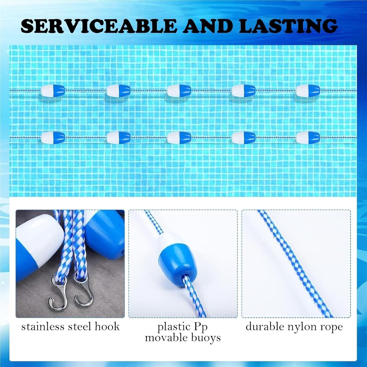 Adjustable Swimming Pool Divider Rope Float Line for Shallow & Deep Ends, Safety Swim Lane Line, Perfect for 3.3 to 328 FT Pools, Durable & Easy to Use