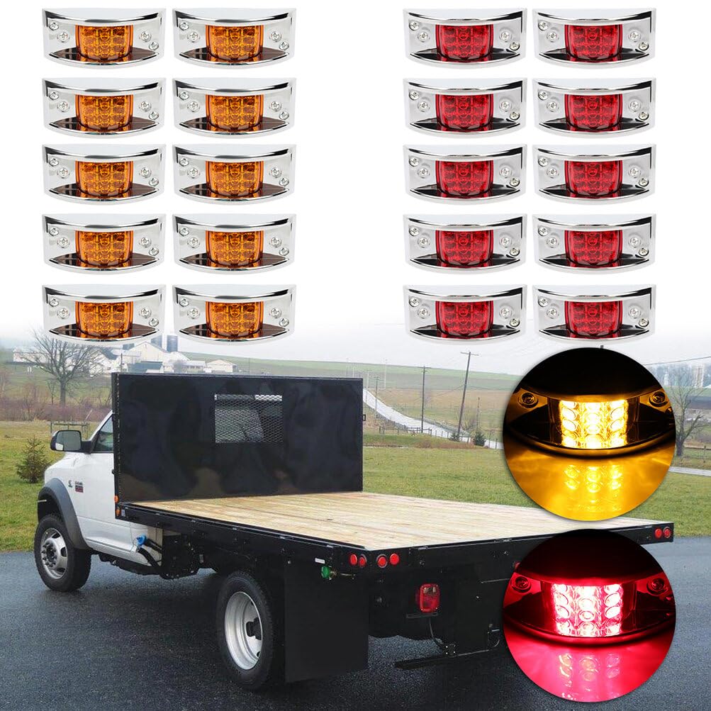 cciyu 20x 12 Led Amber/Red Rectangular Chrome Armored-style Trailer Side Marker Light Trailer Clearance Light Side Marker Light For Freightliner Argosy 2000 2002 2004 For Freightliner Truck, Trailers
