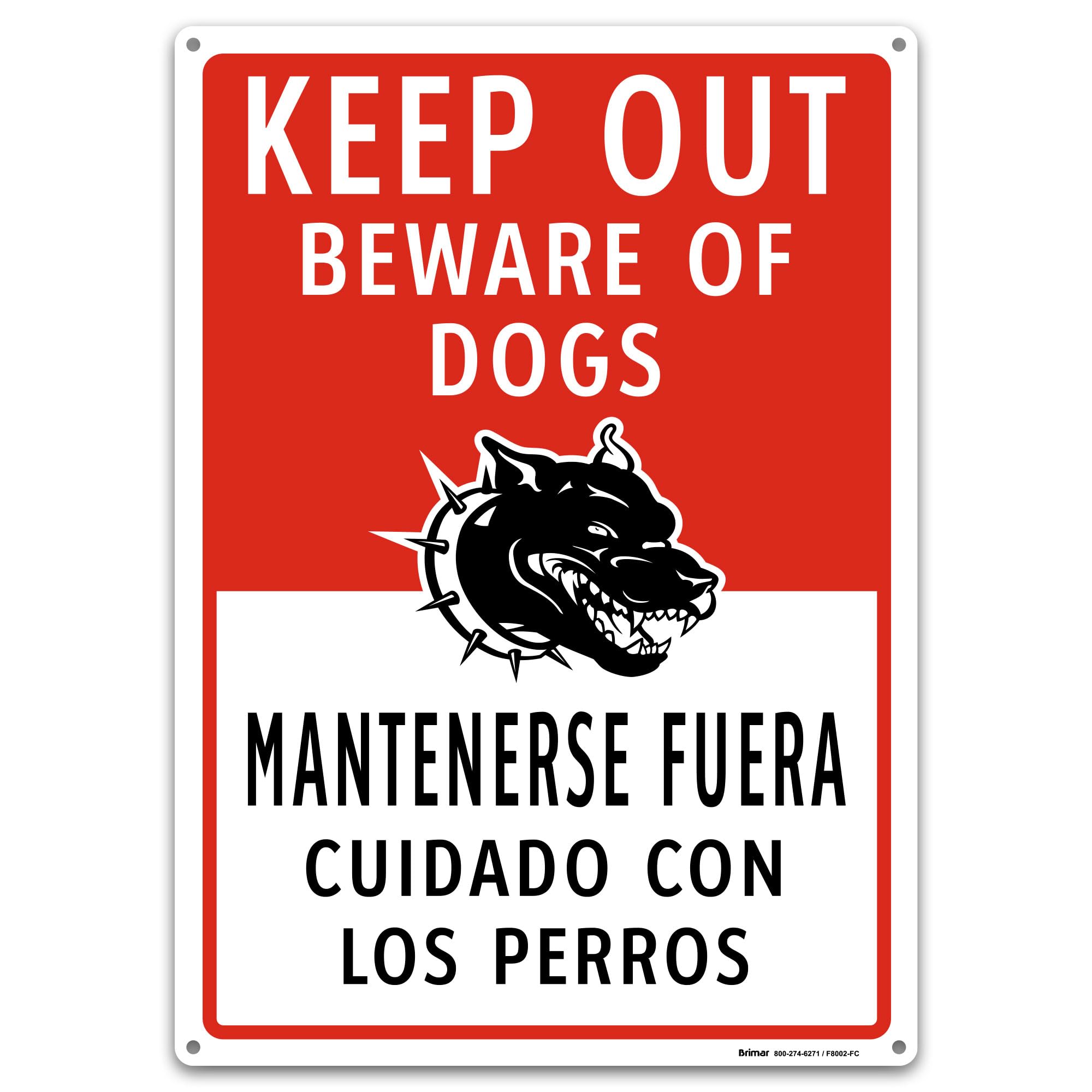 Brimar 10"x14" Bilingual Keep Out Beware of Dogs Sign - Aluminum, Weatherproof, English/Spanish Warning, Clear Red Text & Symbol, Essential Safety