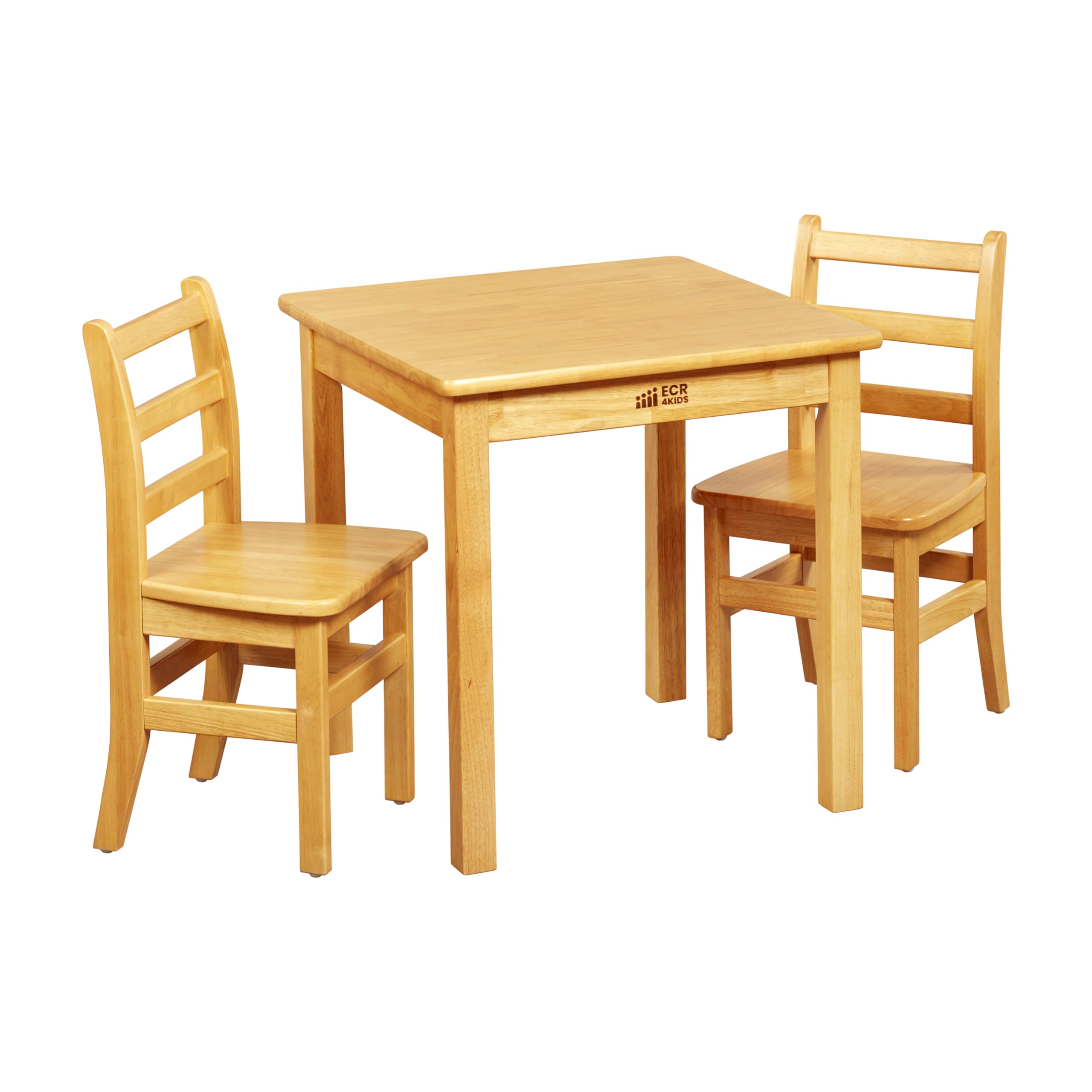 ECR4Kids 24in x 24in Square Hardwood Table with 24in Legs and Two 14in Chairs, Kids Furniture, Honey, 3-Piece