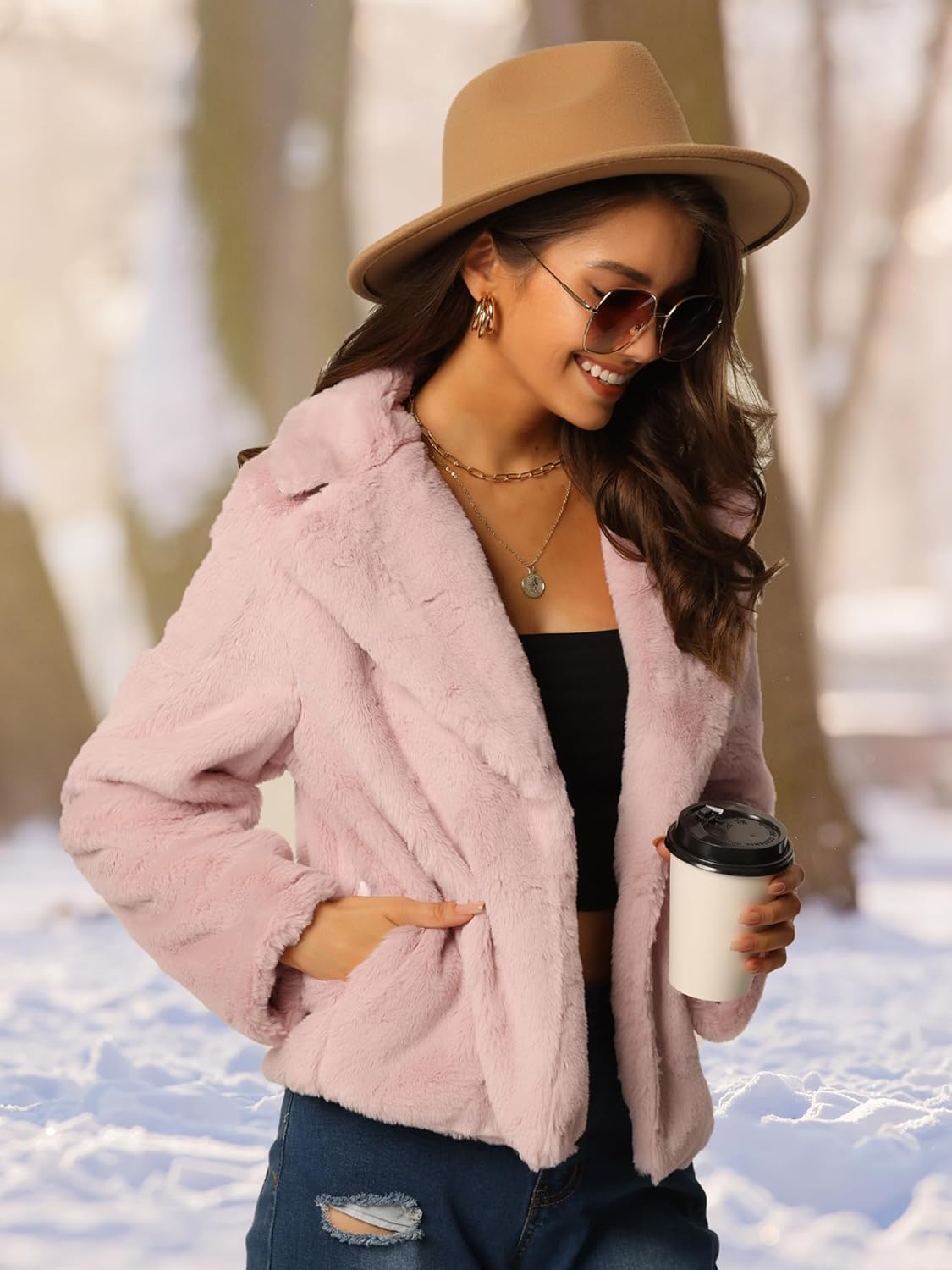 Seta T Women's Cropped Faux Fur Coat Fashion Winter Open Front Jacket Notch Lapel Long Sleeve Fluffy Coat - Image 3