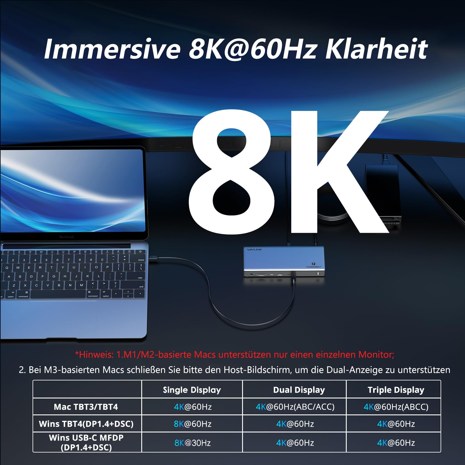 WAVLINK Thunderbolt 4 stacja dokująca, 96 W PD, Single 8K/Triple 4K monitor stacja dokująca z 2 portami Thunderbolt, 2 x HDMI, 2 x USB-A 3.1, 2 x USB-A 3.0, USB-C, Ethernet, SD/MicroSD, Audio/Mic