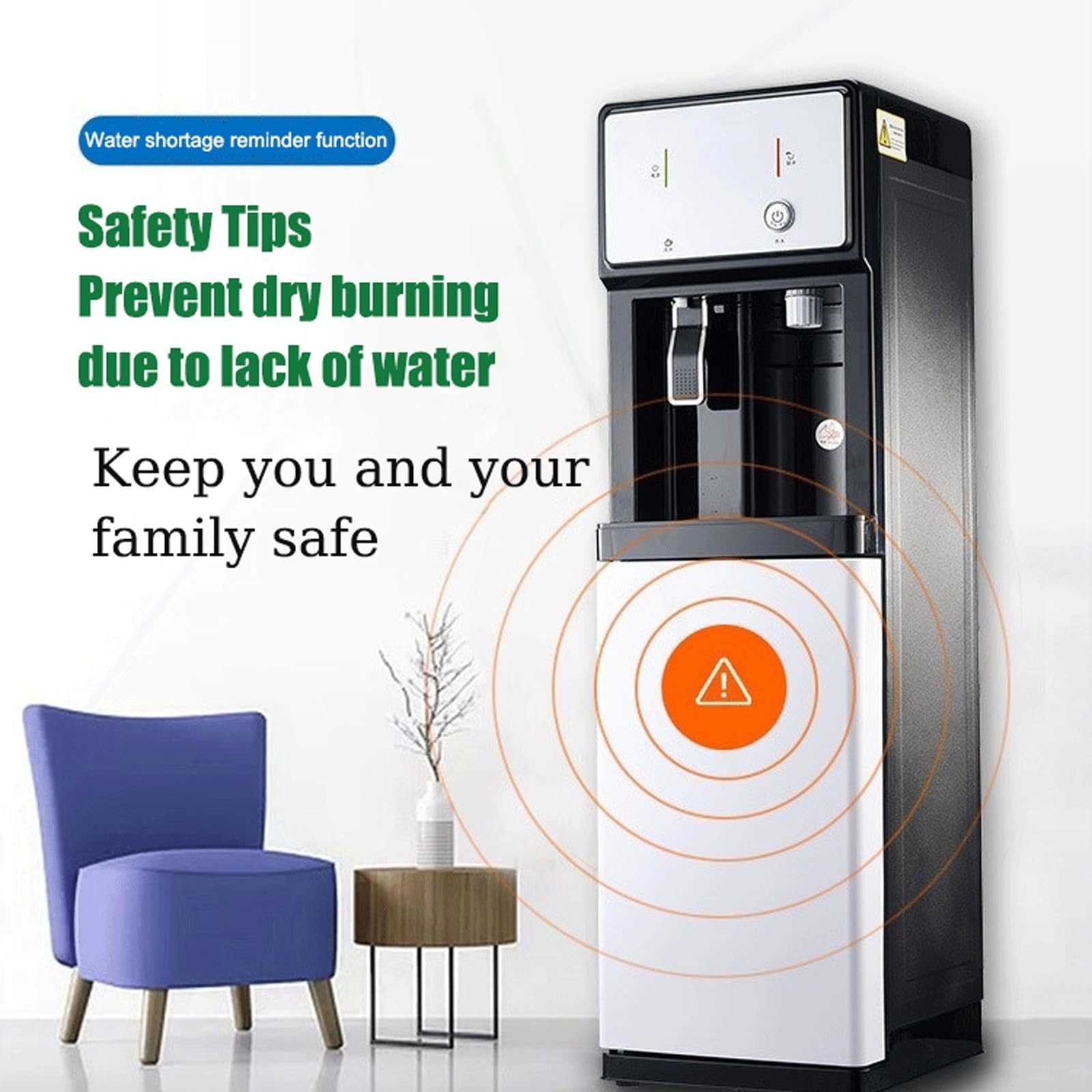 Distributore d'acqua a caricamento automatico, refrigeratore d'acqua a pavimento con uscite for acqua calda, a temperatura ambiente e fredda for bottiglie da 3 o 5 galloni.