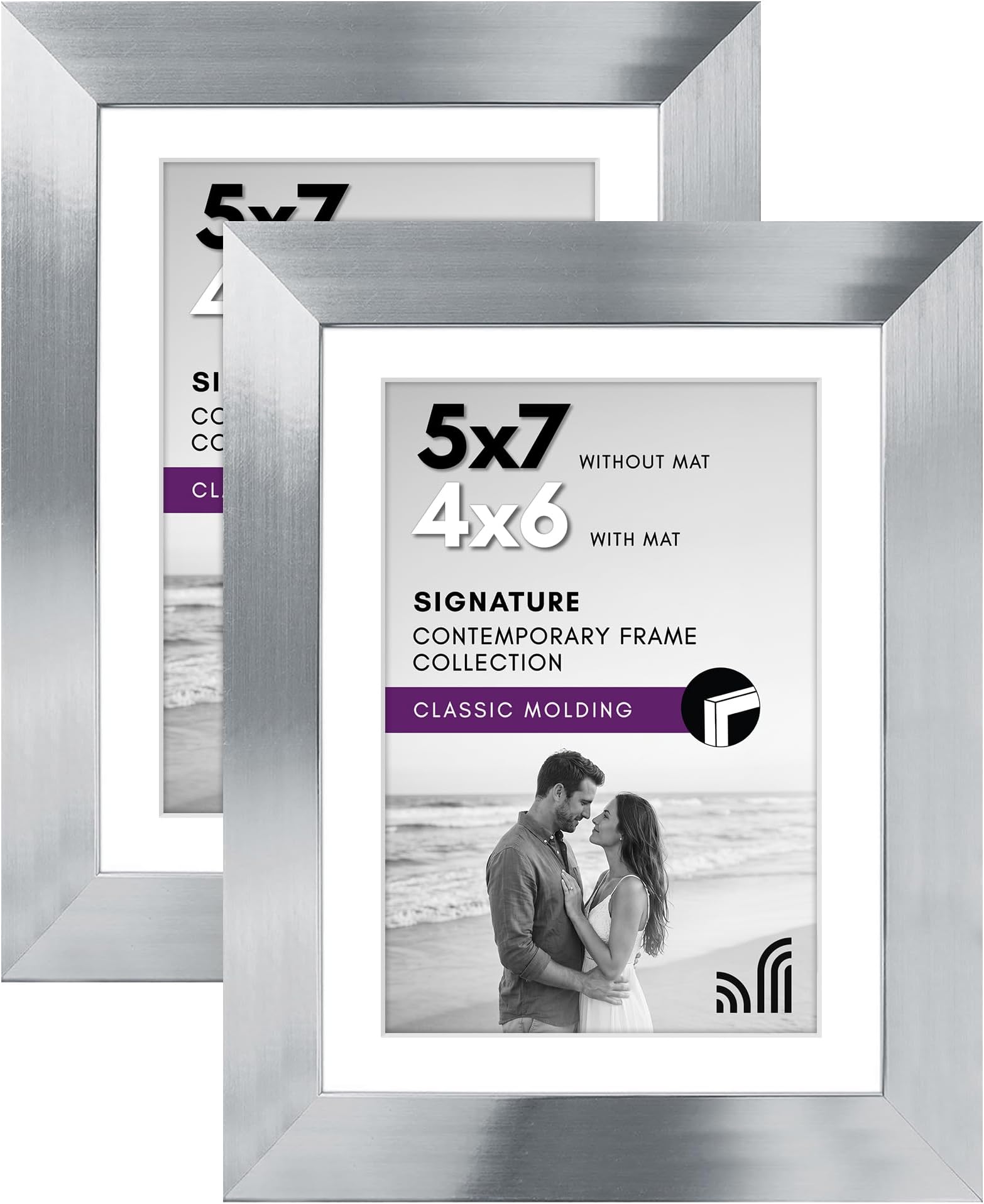 Americanflat 7x5 Photo Frames with Polished Crystal-Clear Glass - Set of 2 - Use as 6x4 Photo Frames with Mount or 7x5 Frame without Mount - Frames for Tabletop and Wall Display - Silver