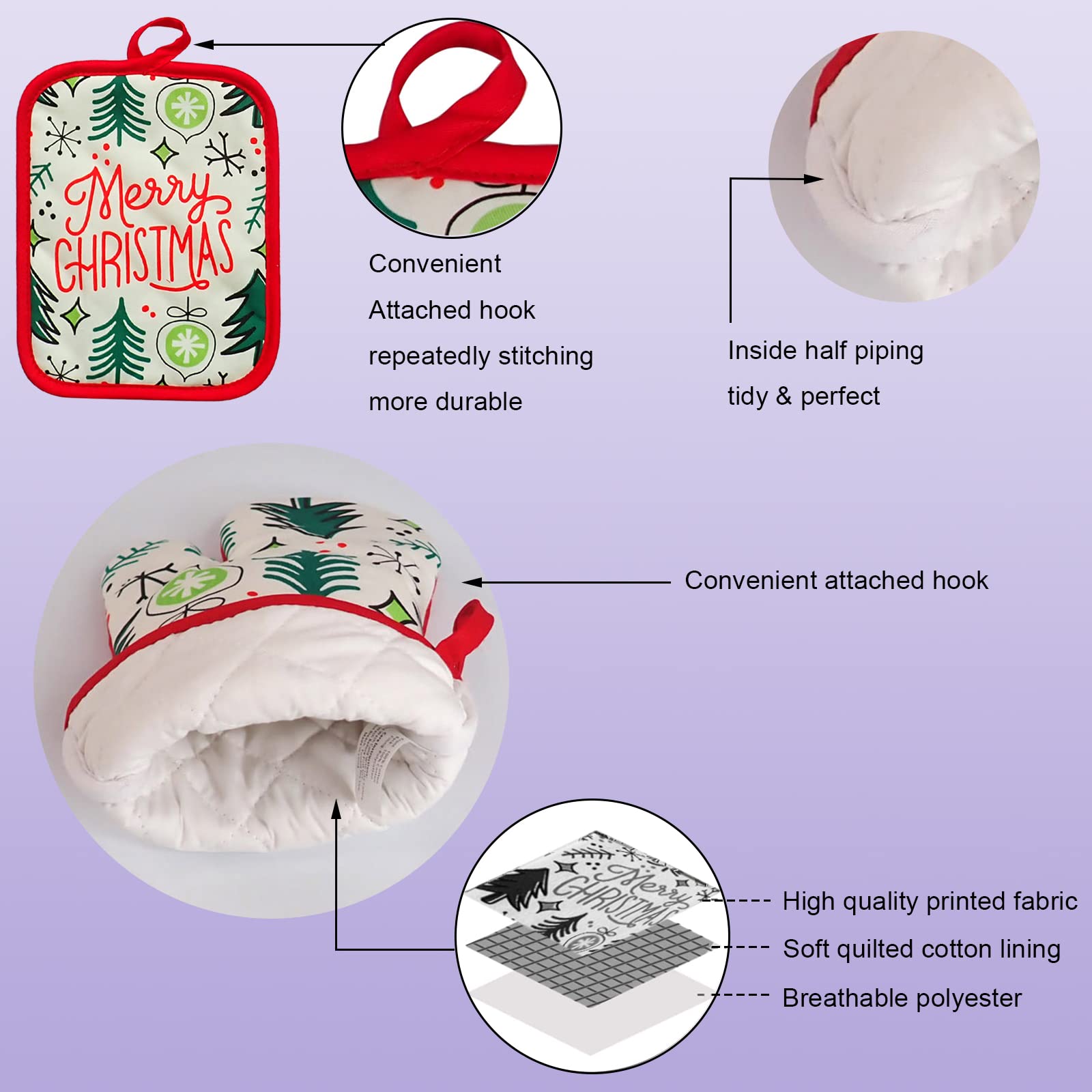 Juego de manoplas de horno y agarraderas 100% algodón perfecto para regalo, hornear y cocinar todos los días, resistente al calor para cocina (5 piezas Feliz Navidad)
