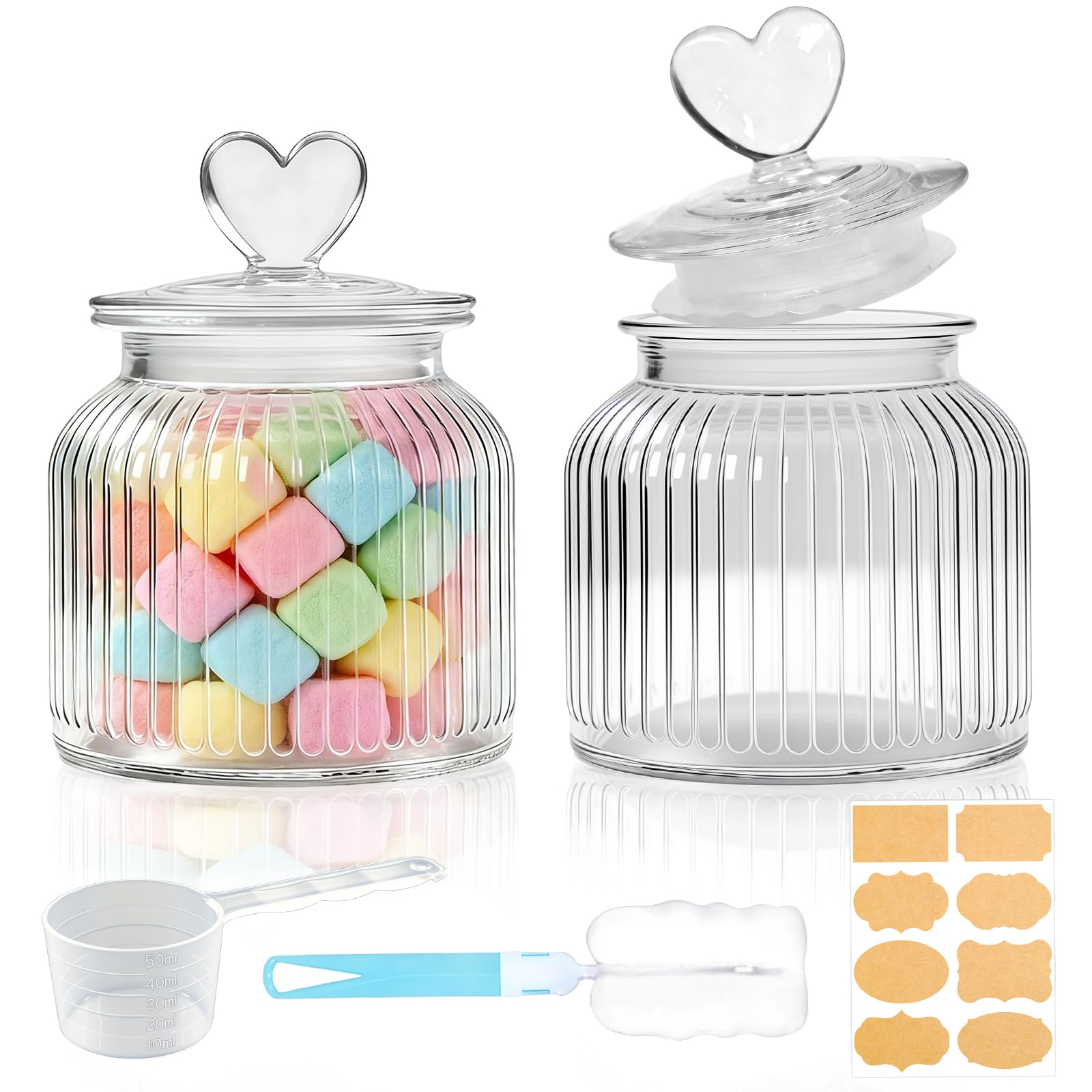 Mssushi 2stk 650ml Luftdicht Vorratsgläser, Glas Bonbonglas Herzförmiges mit Deckel, Geeignet für Candy Bar, Kekse, Süßigkeiten, Küche, inklusive Messlöffel (2, Transparentes Streifendesign)