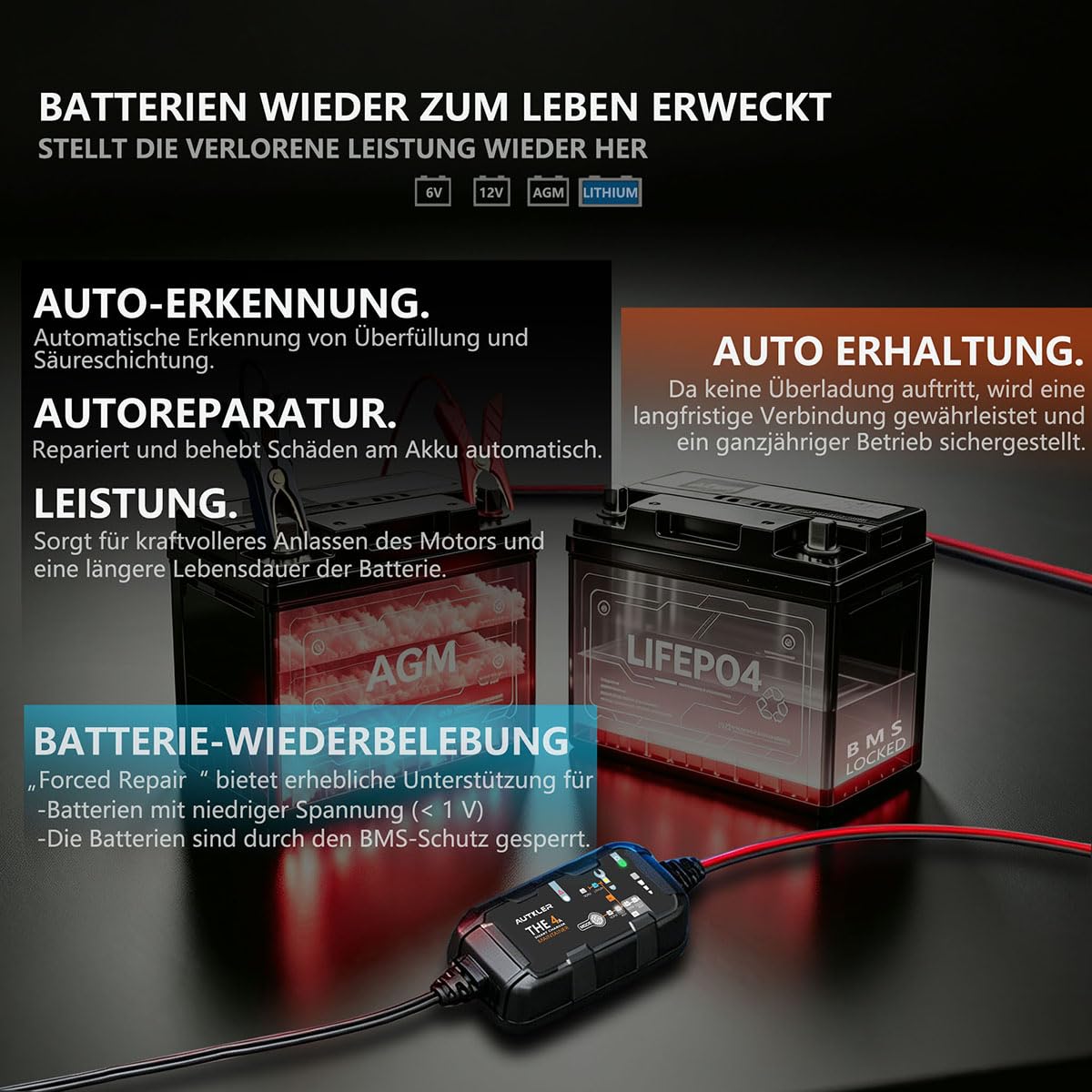 THE4a Vollautomatisch KFZ Batterieladegerät 6V 12V mit Reparatur,2A/4A | Entsulfator,Temperaturkompensation,Erhaltungsladegerät für 8-120AH AGM,Wet,GEL,MF Blei-Säure & Lithium LFP-Batterien