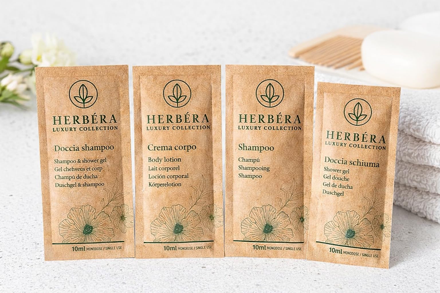 HERBERA Luxury Crema Corpo in Bustina BIO Flow Pack Green 10 ml, Conf. 500 pz - Linea Cortesia Hotel - Monouso Monodose
