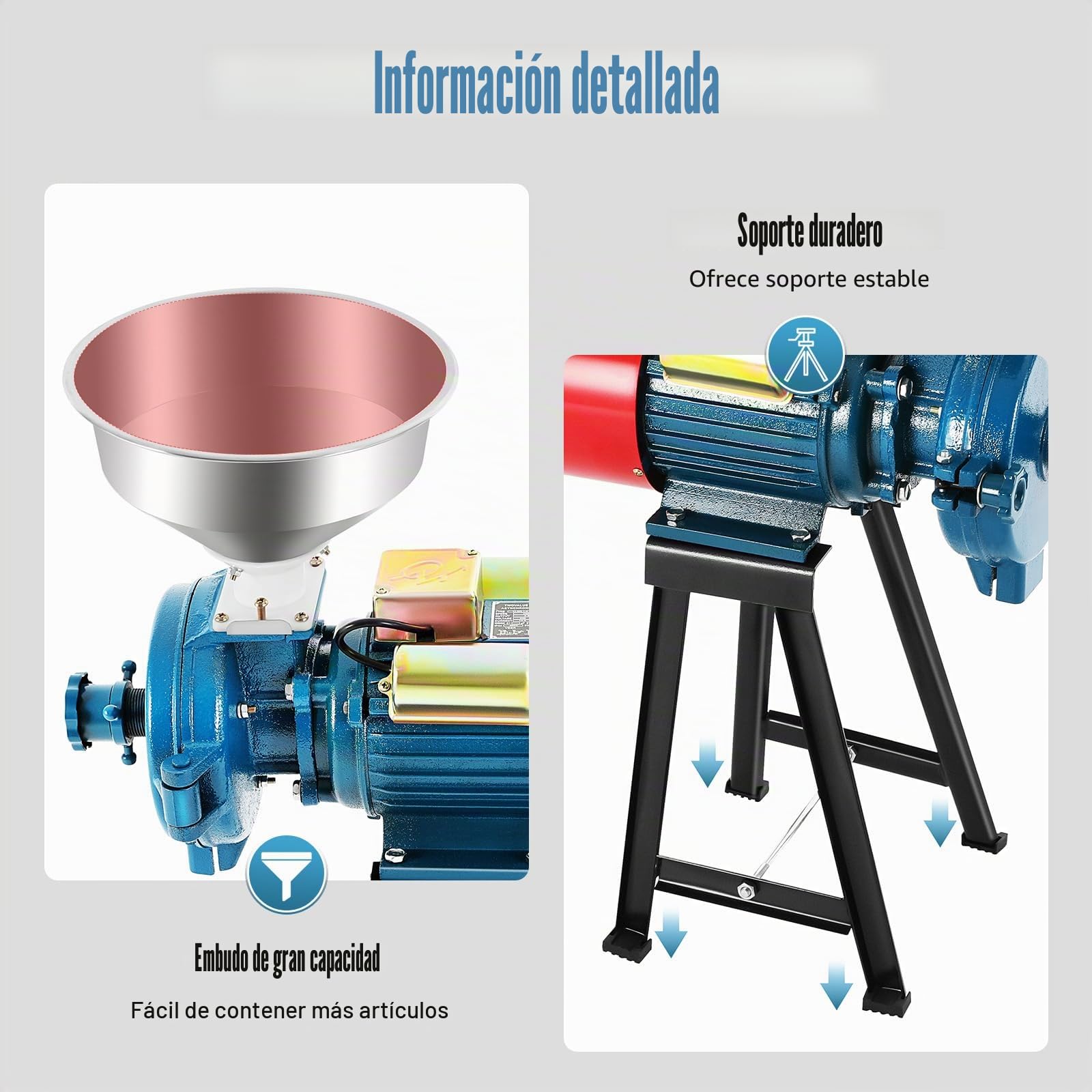 Molino eléctrico de granos,2200W Molino de grano 1400 RPM de alta eficiencia abrasivo con 1 embudo Molino de harina de trigo seco, para cereales, maíz, pajita