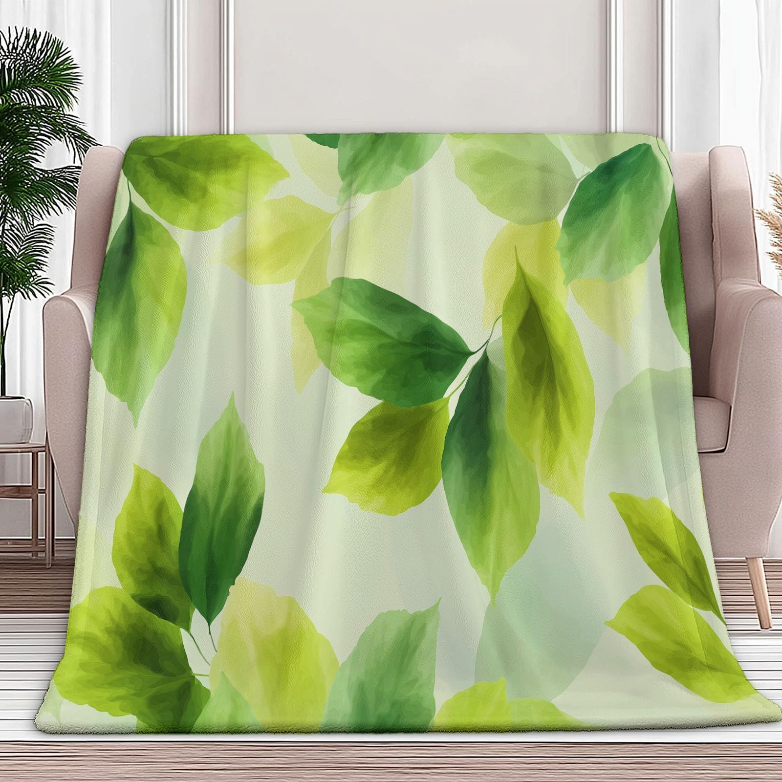Générique Flanelowy koc akwarelowe zielone liście 180 x 200 cm koc polarowy, narzuta na sofę ciepły i miękki pluszowy zielony narzuta na łóżko na sofę krzesło kempingowe