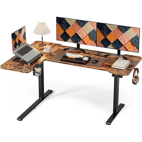 59 Inch L Shaped Standing Desk Electric Adjustable Height, Corner Standing Desk, Electric Sit Stand Table with Reversible Splice Boards for Computer Office Home (Rustic Brown)