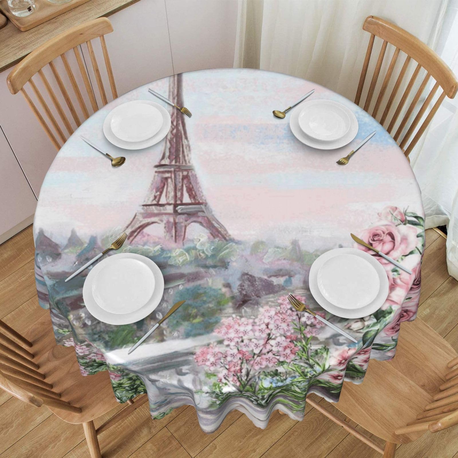 DCEHGEW 60 In Round Tablecloth with Lace, Beautiful Eiffel Tower Paris Printed Oilproof & Washable Fabric Picnic Table Cloth Table Covers