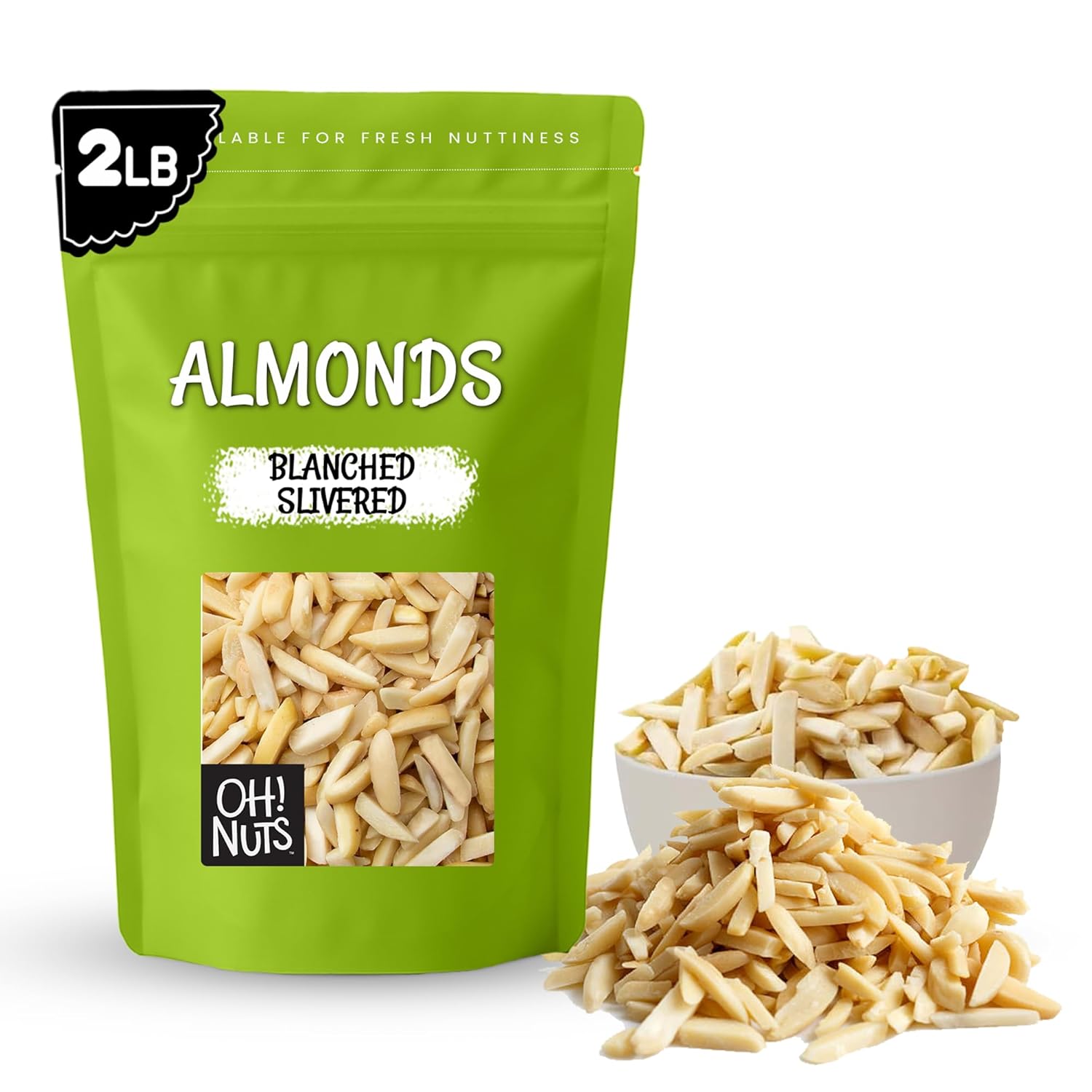 Oh! Nuts Almonds Blanched Slivered - Raw - 100% Natural - 2 lb - High-Protein Almond - Packed in New York Zip-Seal Bag for Exceptional Freshness