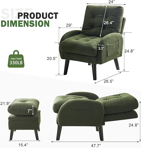 Miniatura 18 de Silla decorativa con respaldo ajustable otomano, silla de sala de estar tapizada con juego de reposapiés, silla moderna, acogedora silla reclinable