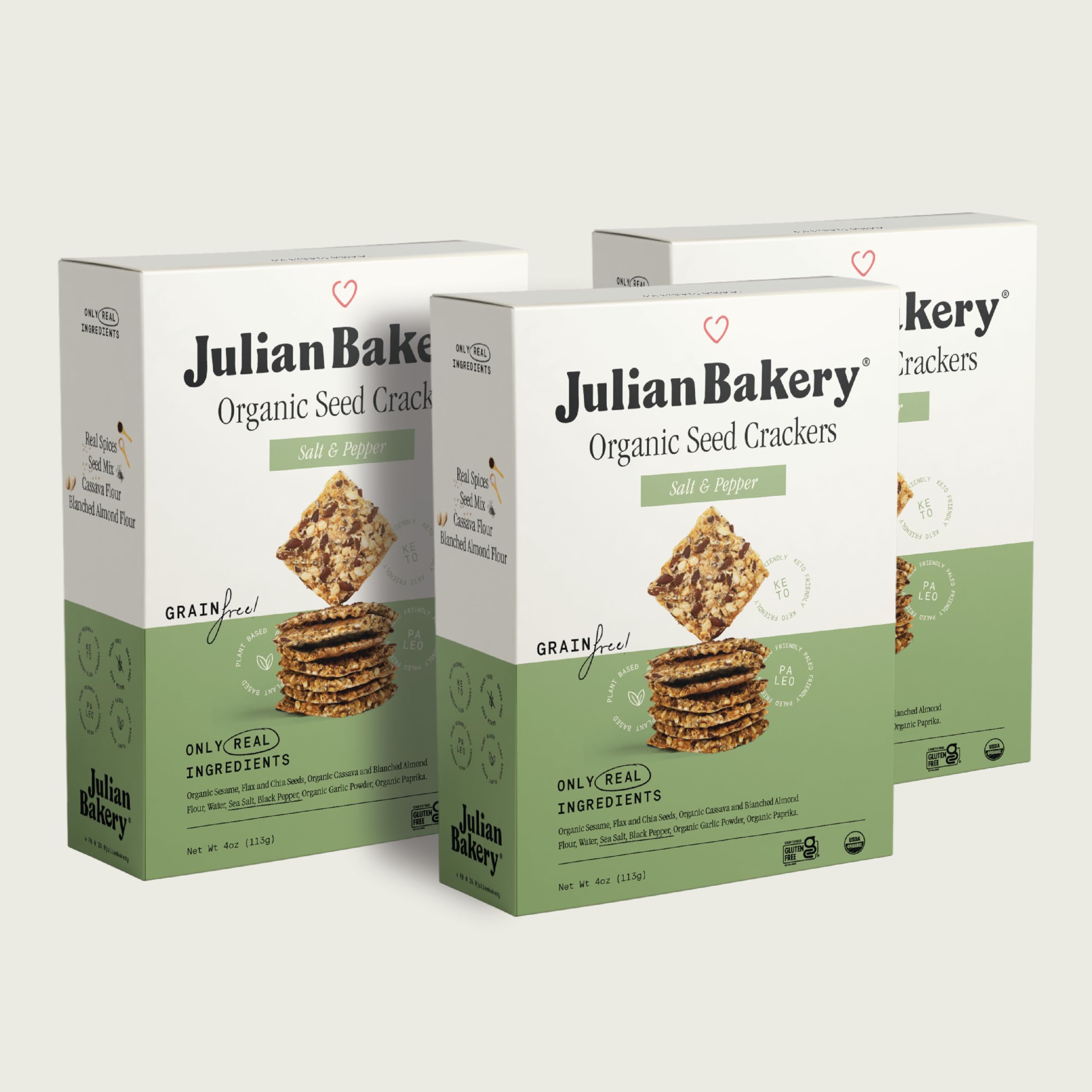Julian Bakery® Organic Seed Crackers - Salt & Pepper 4oz | Gluten Free and Organic Certified | Grain Free | Low Carb | Plant-Based | Vegan (3PACK)