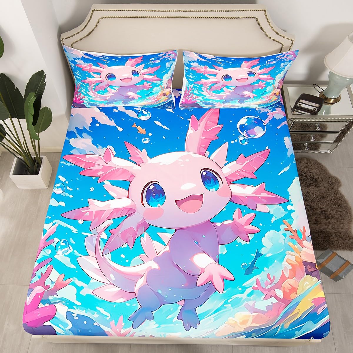 Lovely Axolotl Bed Sheet Set 3 Pieces,Cartoon Salamander Marine Life Animal 3D Print Bedding Set(No Flat Sheet),Watercolor Blue Sky Ocean Paint Fitted Sheet,2 Pillow Cases,Double Size