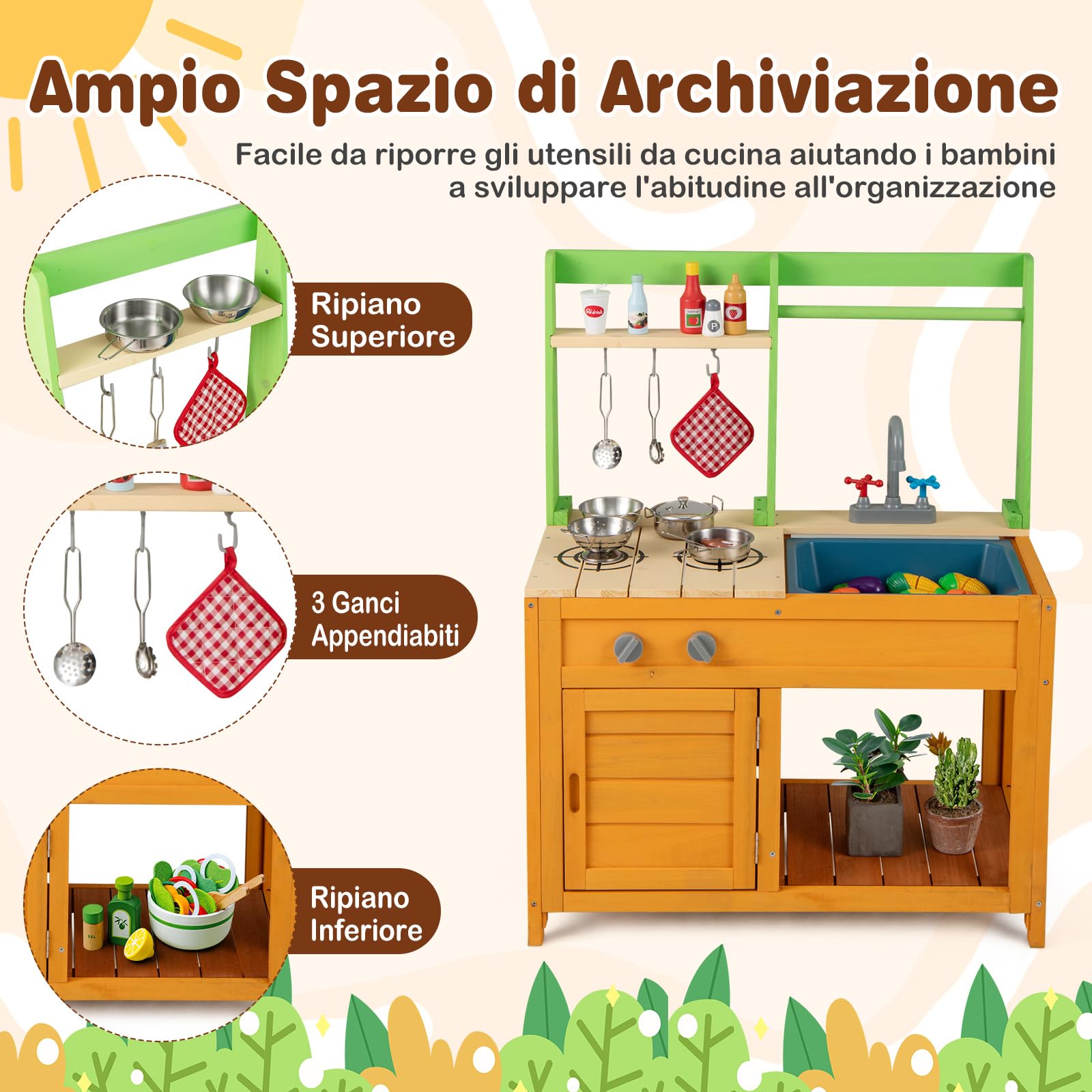 GYMAX Cucina Giocattolo in Legno per Bambini, Cucina da Esterno con Fornelli, Lavello, Rubinetto, Suoni, Accessori Ricchi e Ripiani Aperti, Giocattolo Interattiva per Bambini 3+ Anni