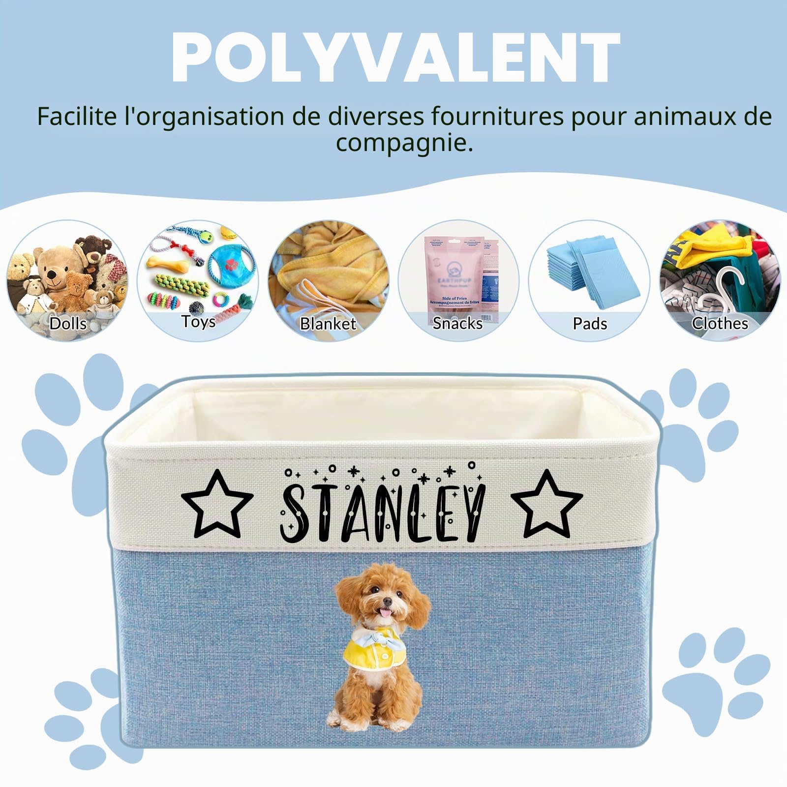 Panier de rangement personnalisé pour jouets pour animaux de compagnie – Organisateur de jouets personnalisé pour chien et chat avec nom, panier en tissu pliable et durable pour fournitures